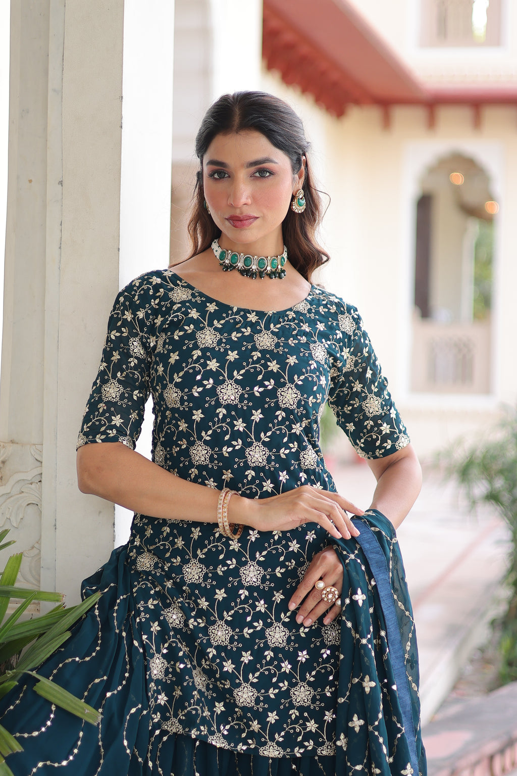 Georgette Embroidered Kurti Sharara Set For Women