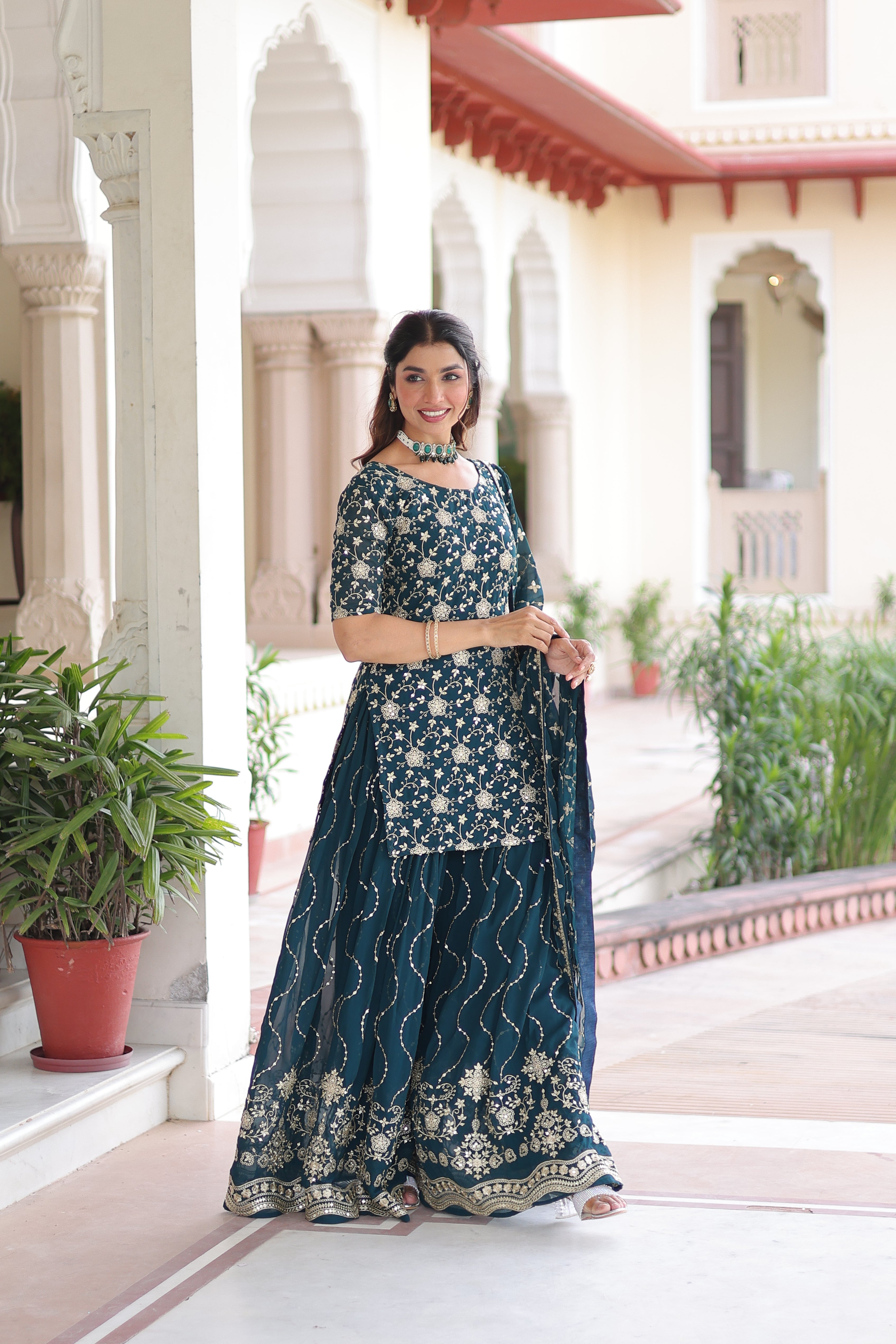 Georgette Embroidered Kurti Sharara Set For Women
