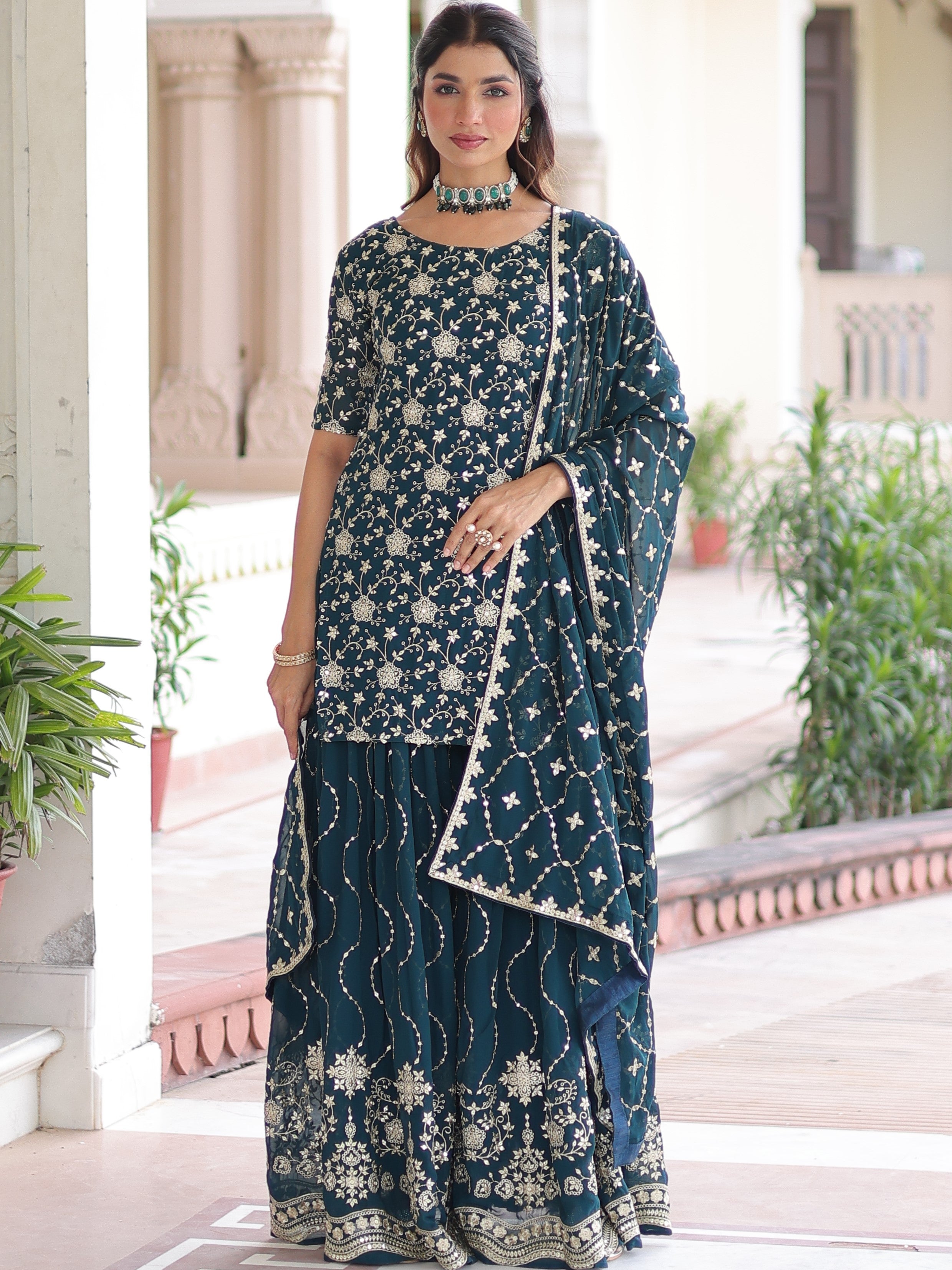 Georgette Embroidered Kurti Sharara Set For Women
