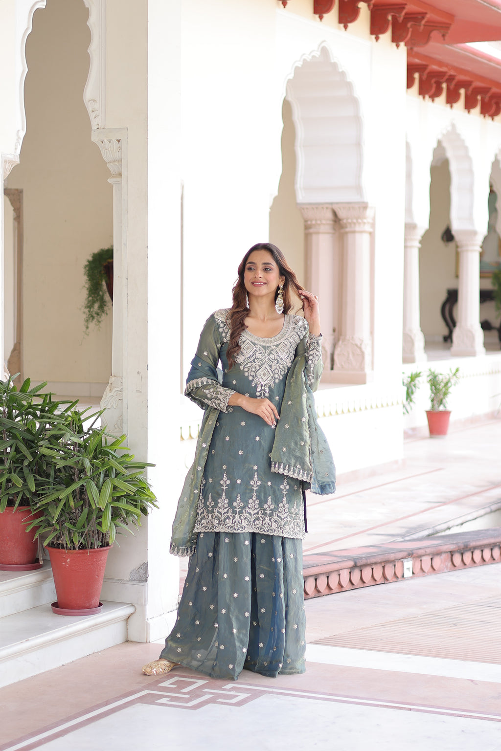 Fendy Silk Embroidered Kurti Sharara Set For Women