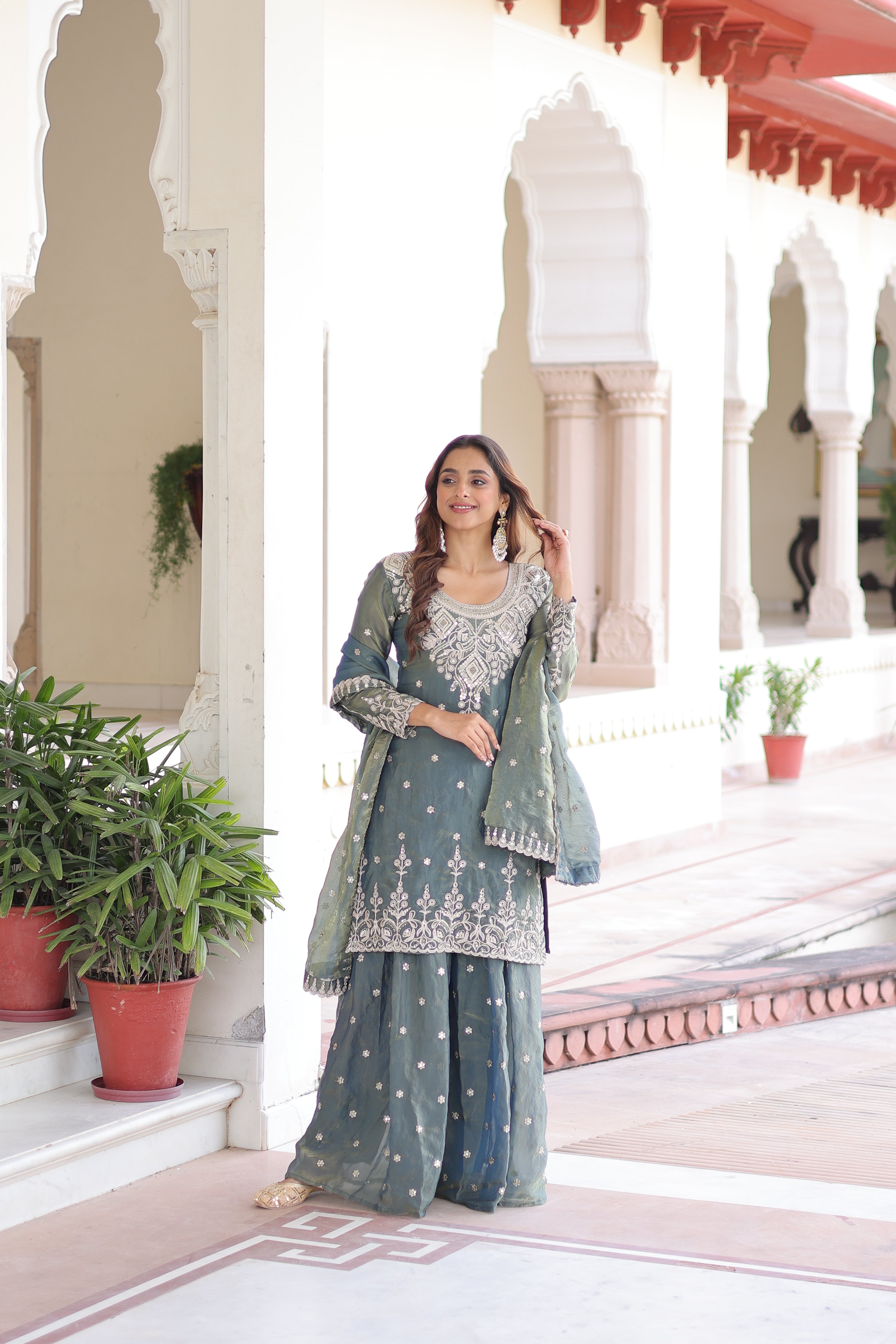 Fendy Silk Embroidered Kurti Sharara Set For Women