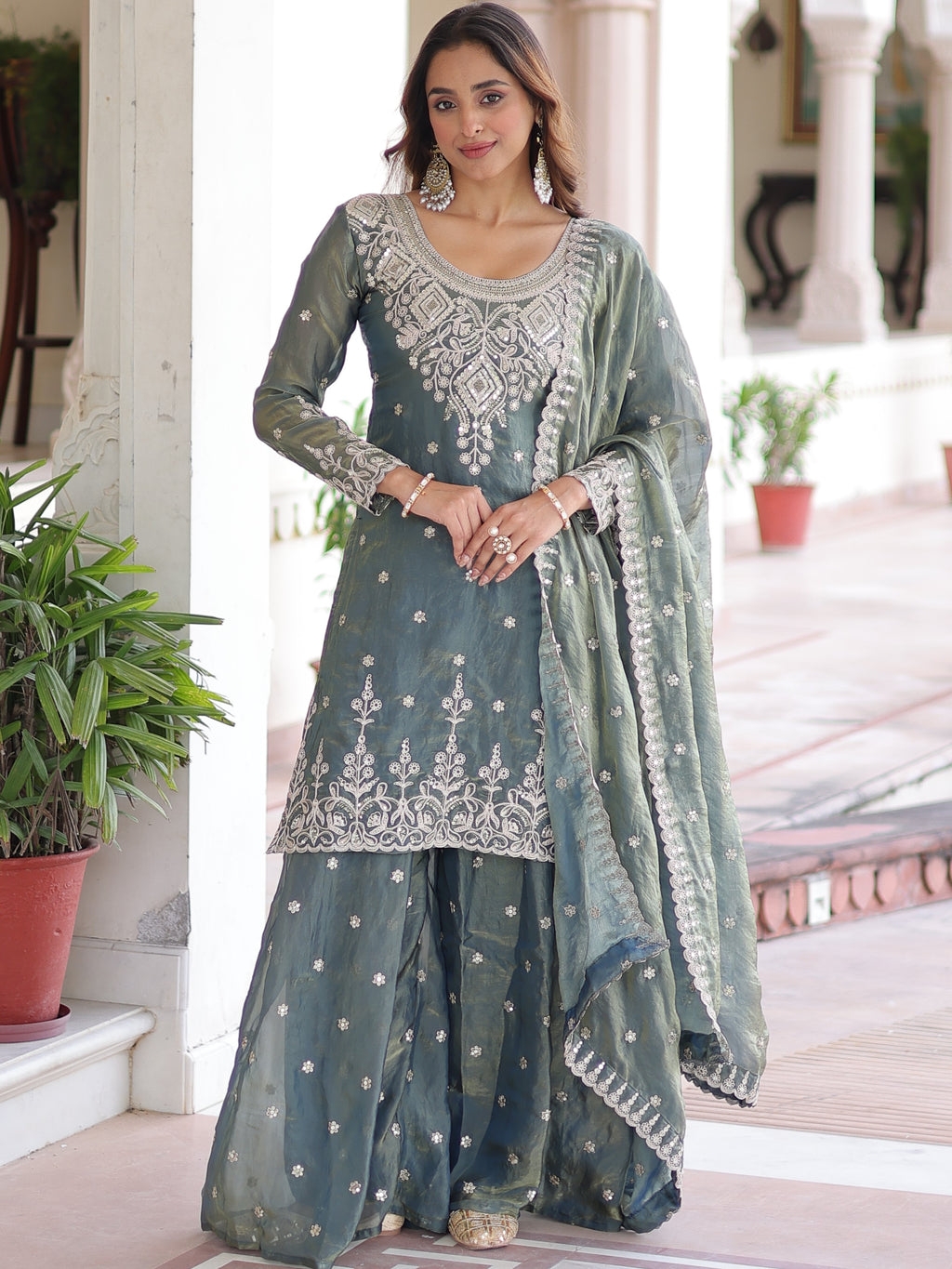 Fendy Silk Embroidered Kurti Sharara Set For Women