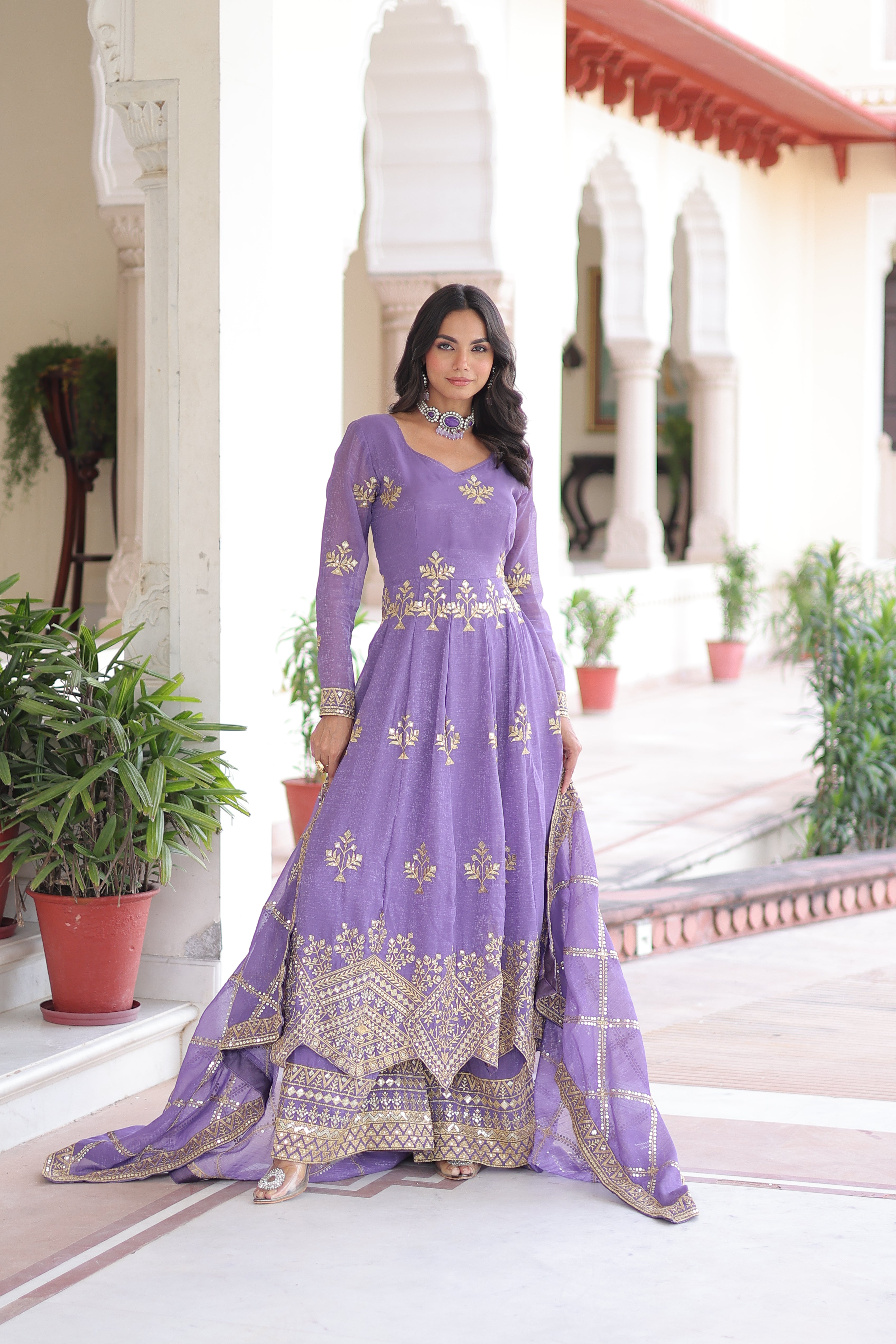 Silver Crunchy Embroidered Gown With Dupatta