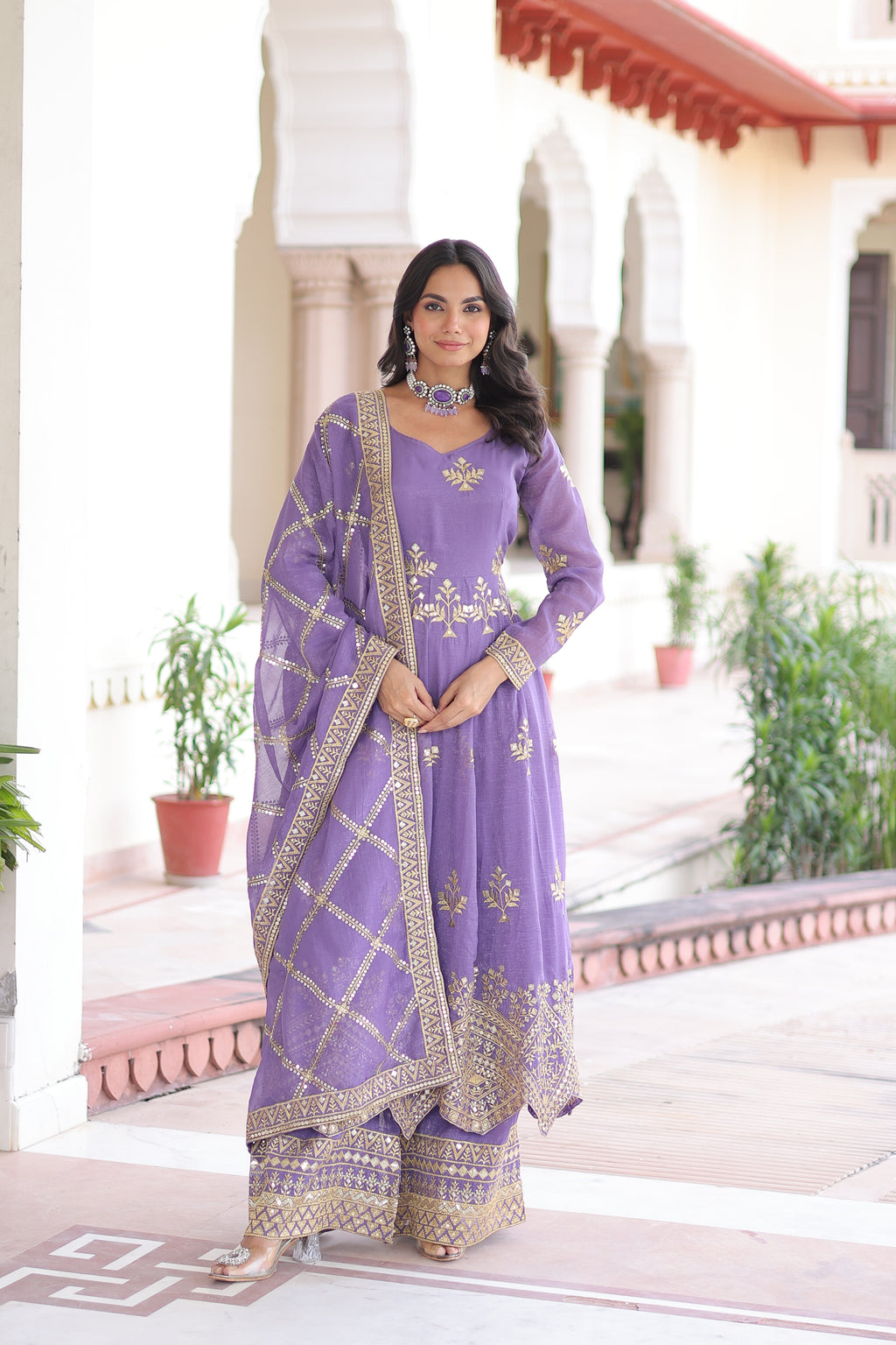 Silver Crunchy Embroidered Gown With Dupatta