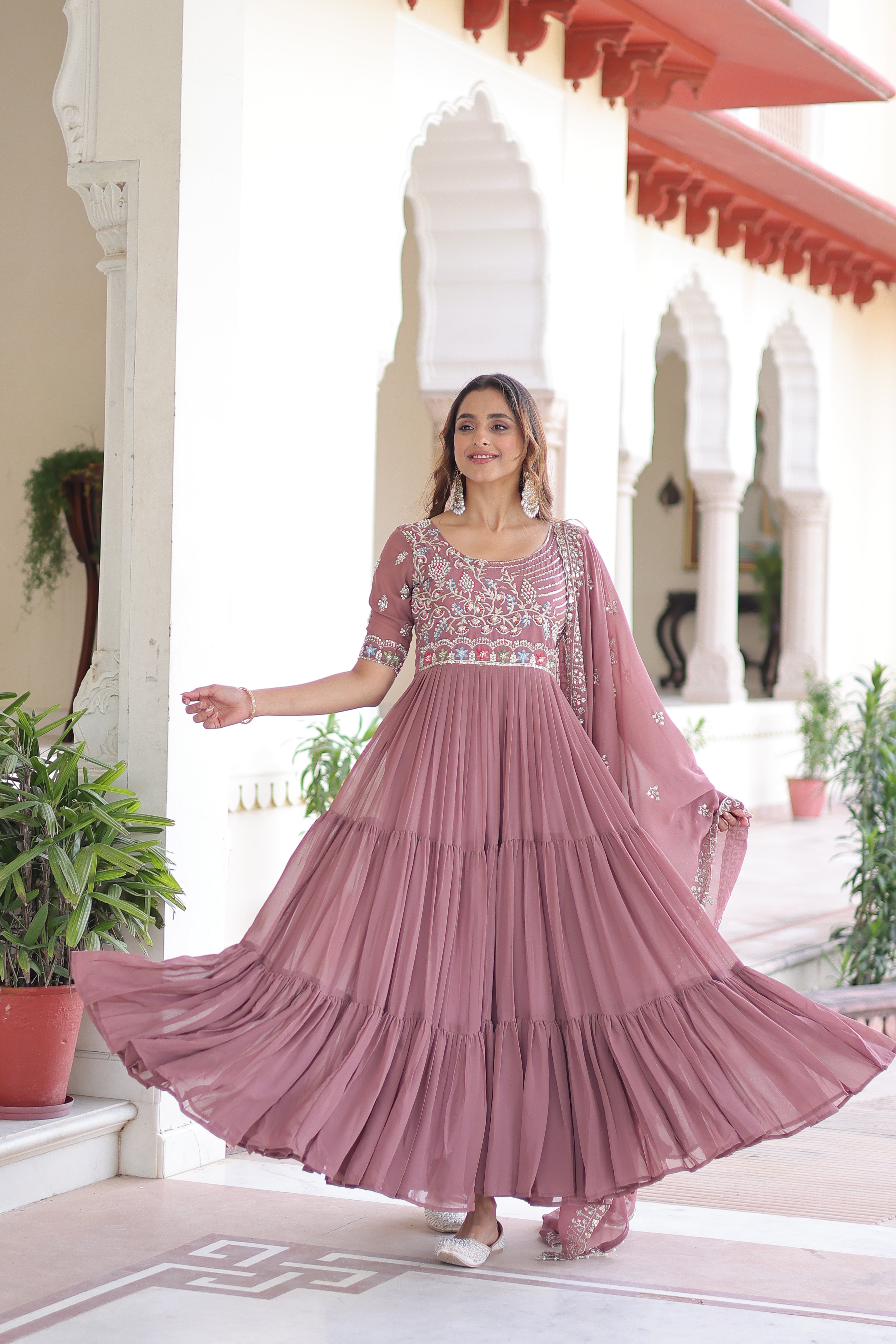 Faux Blooming Beads Embroidered Gown With Dupatta