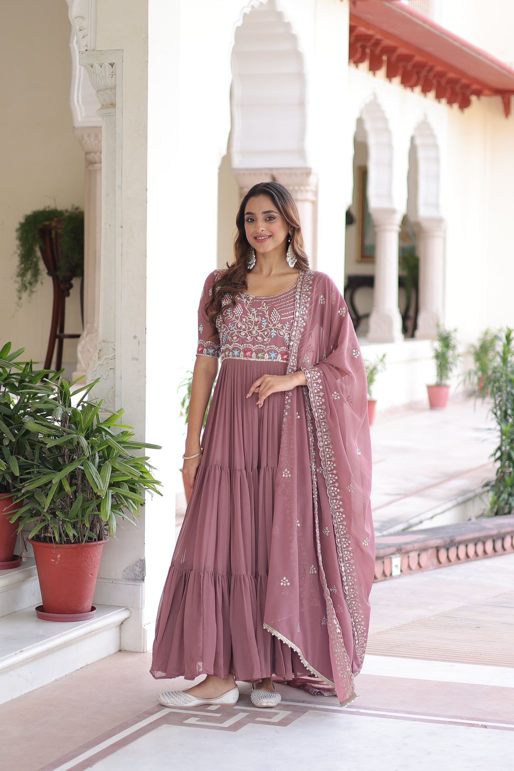 Faux Blooming Beads Embroidered Gown With Dupatta