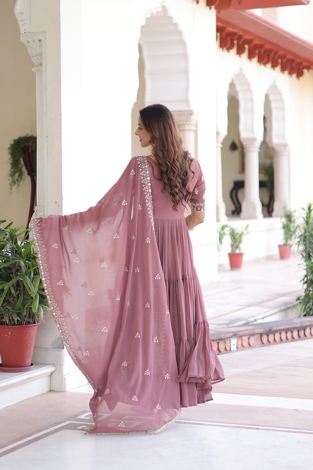Faux Blooming Beads Embroidered Gown With Dupatta