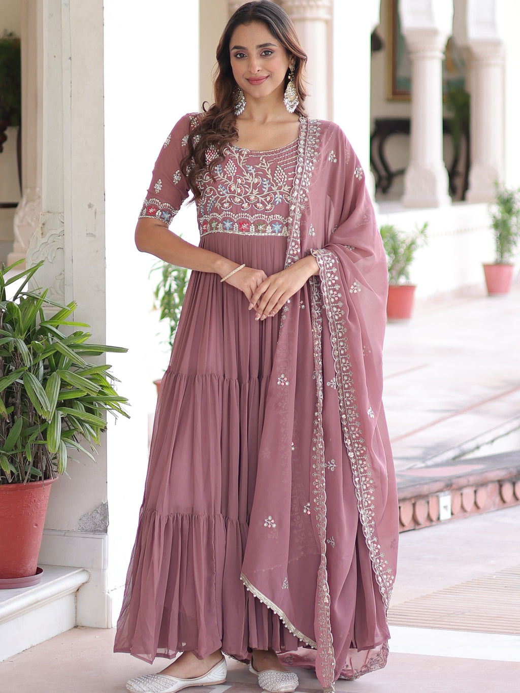 Faux Blooming Beads Embroidered Gown With Dupatta