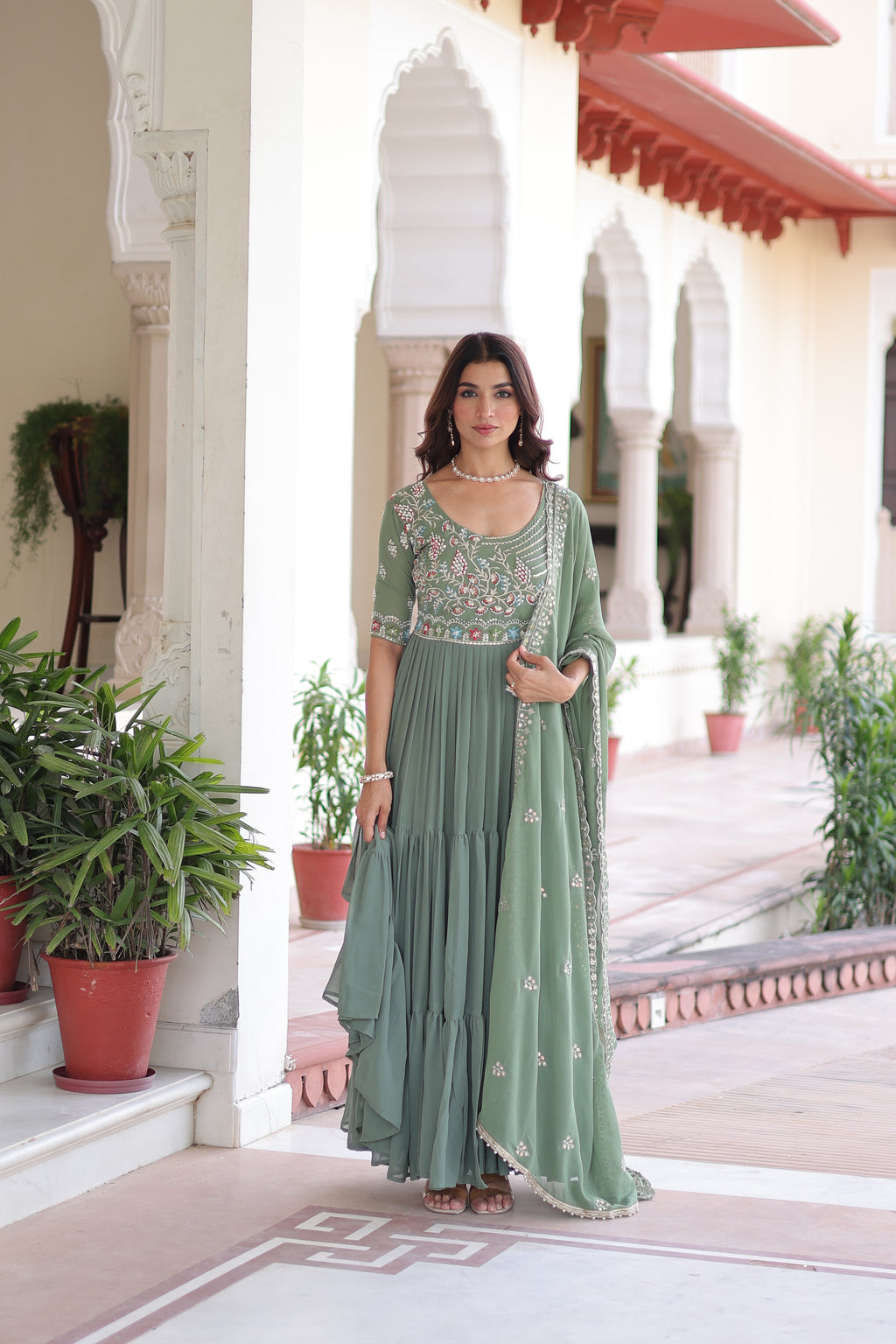 Faux Blooming Beads Embroidered Gown With Dupatta