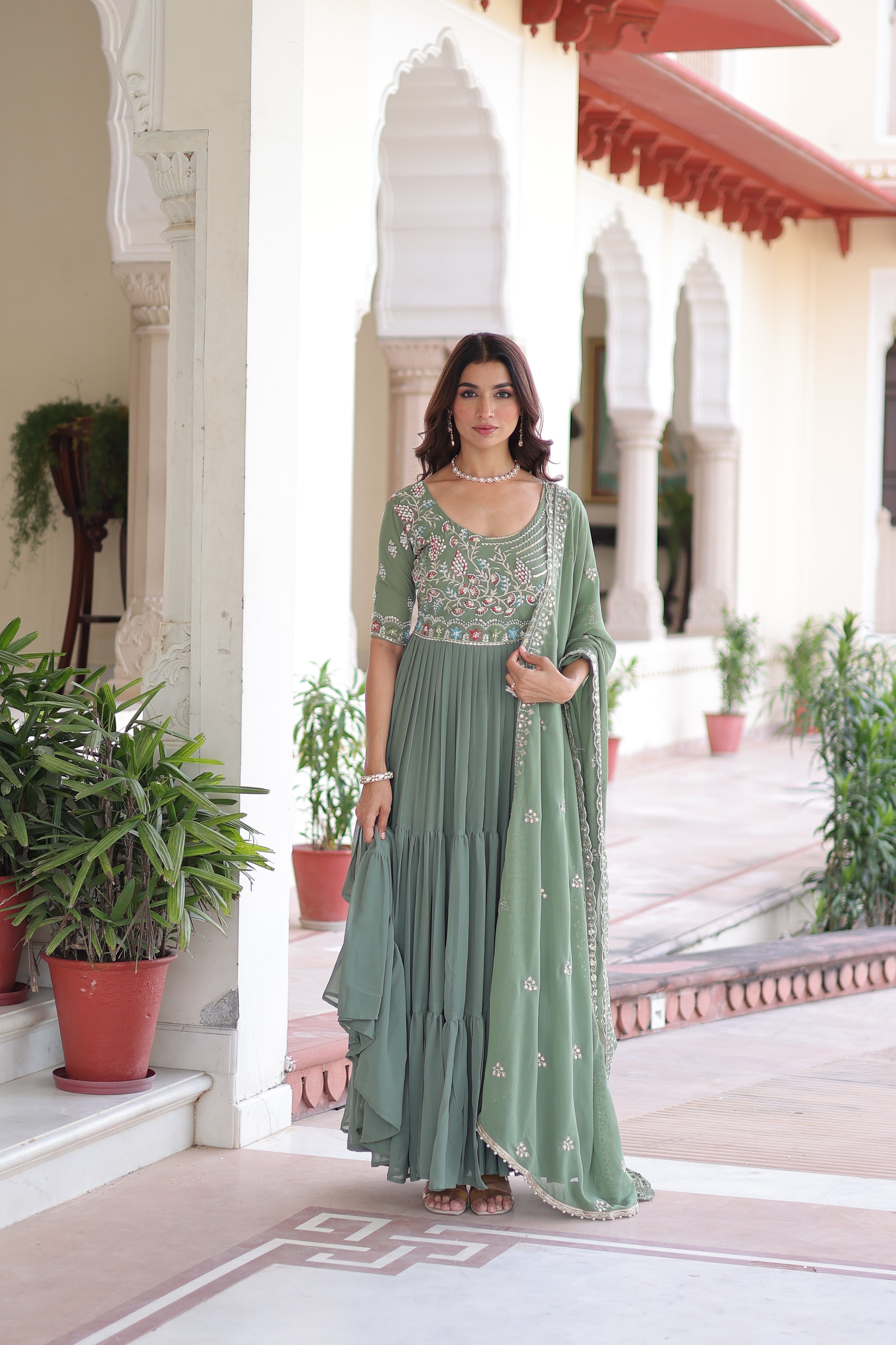 Faux Blooming Beads Embroidered Gown With Dupatta