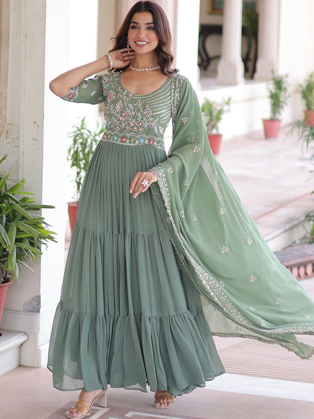Faux Blooming Beads Embroidered Gown With Dupatta