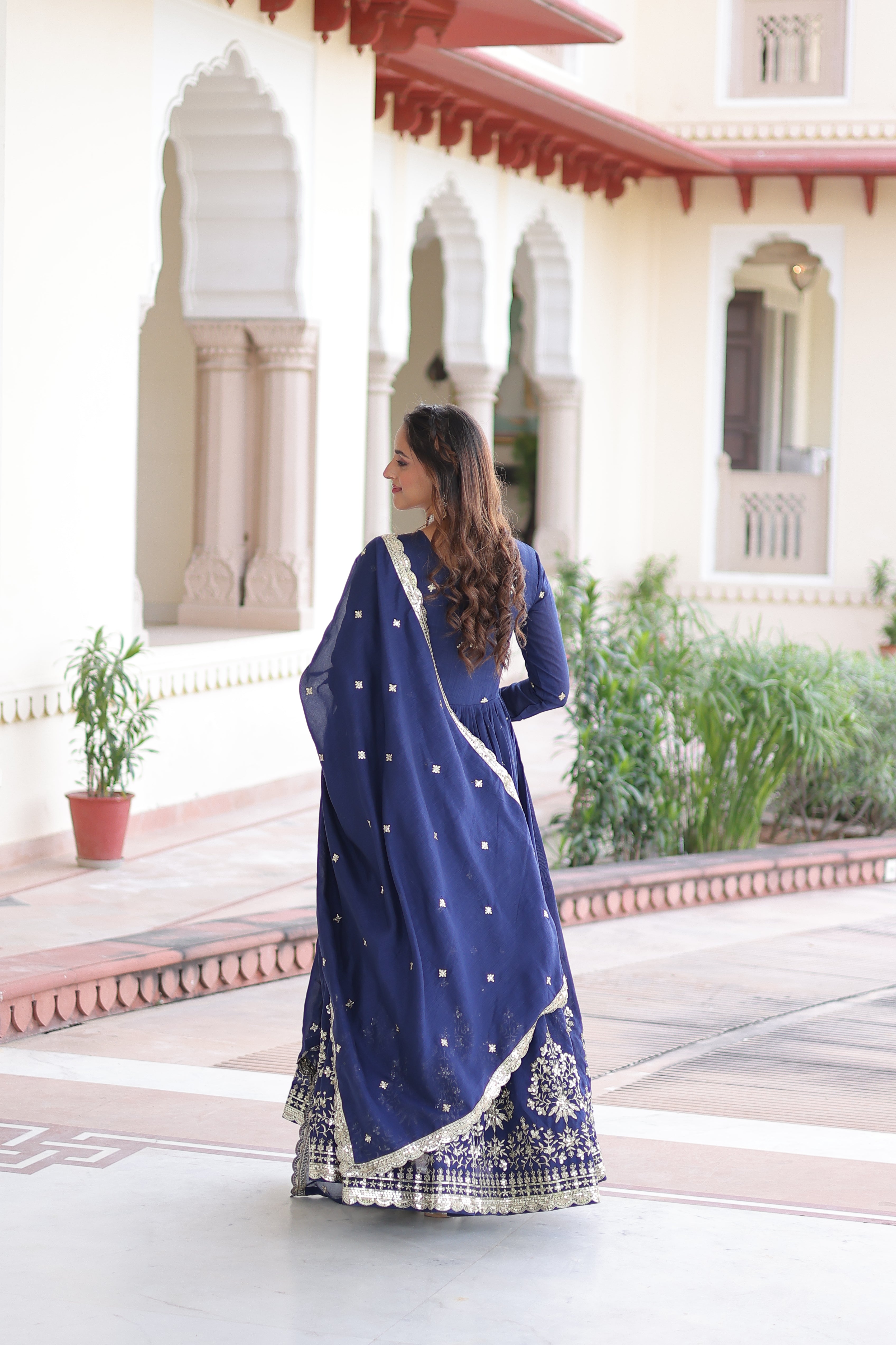 Vichitra Silk Embroidered Gown With Dupatta