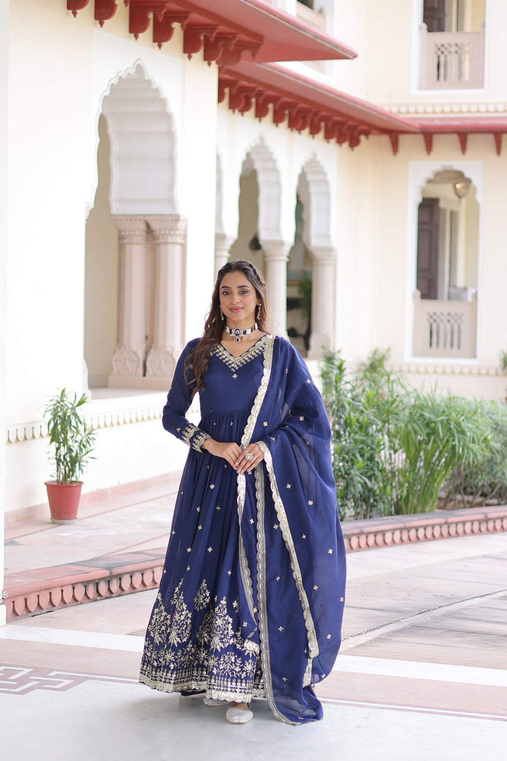 Vichitra Silk Embroidered Gown With Dupatta