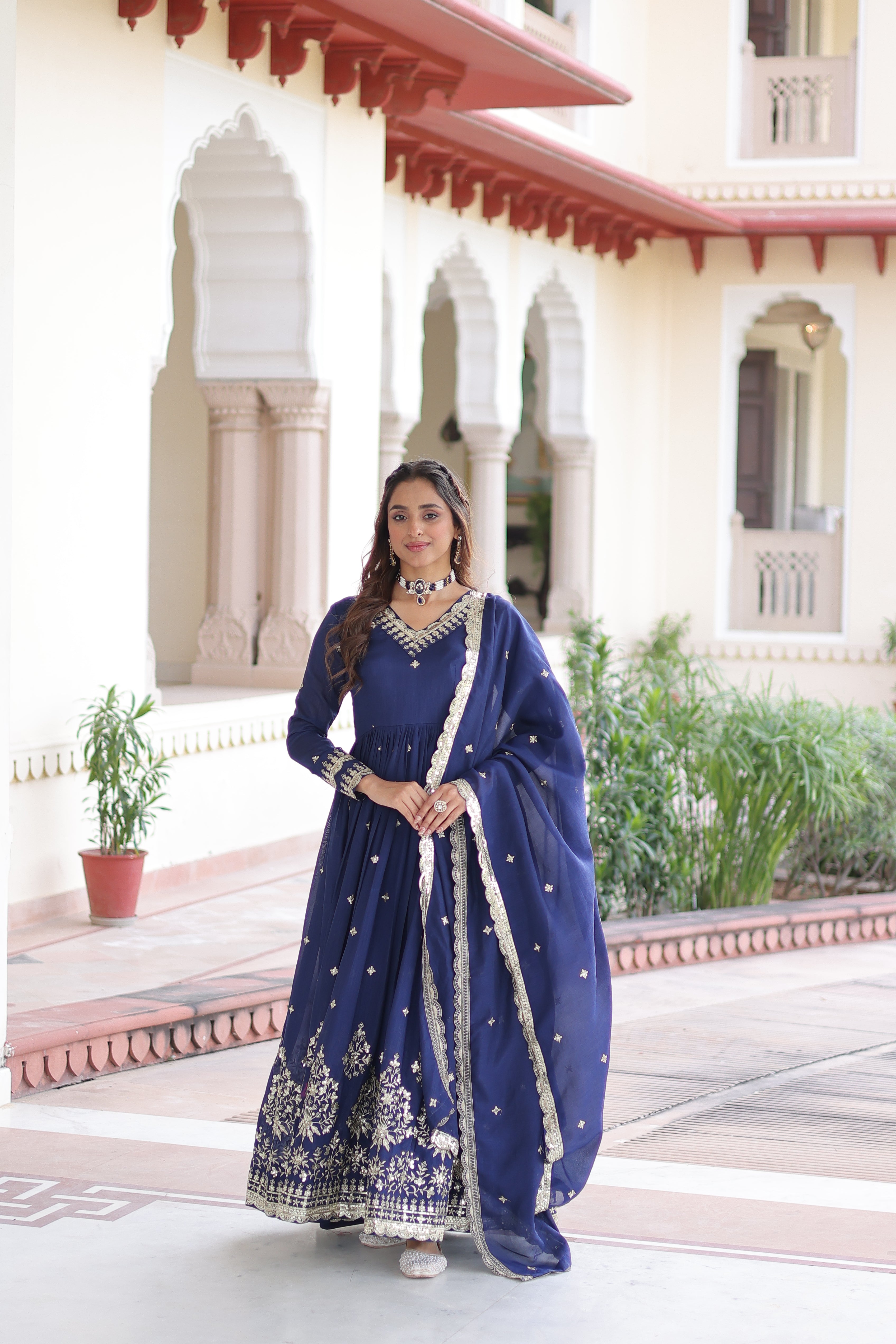 Vichitra Silk Embroidered Gown With Dupatta