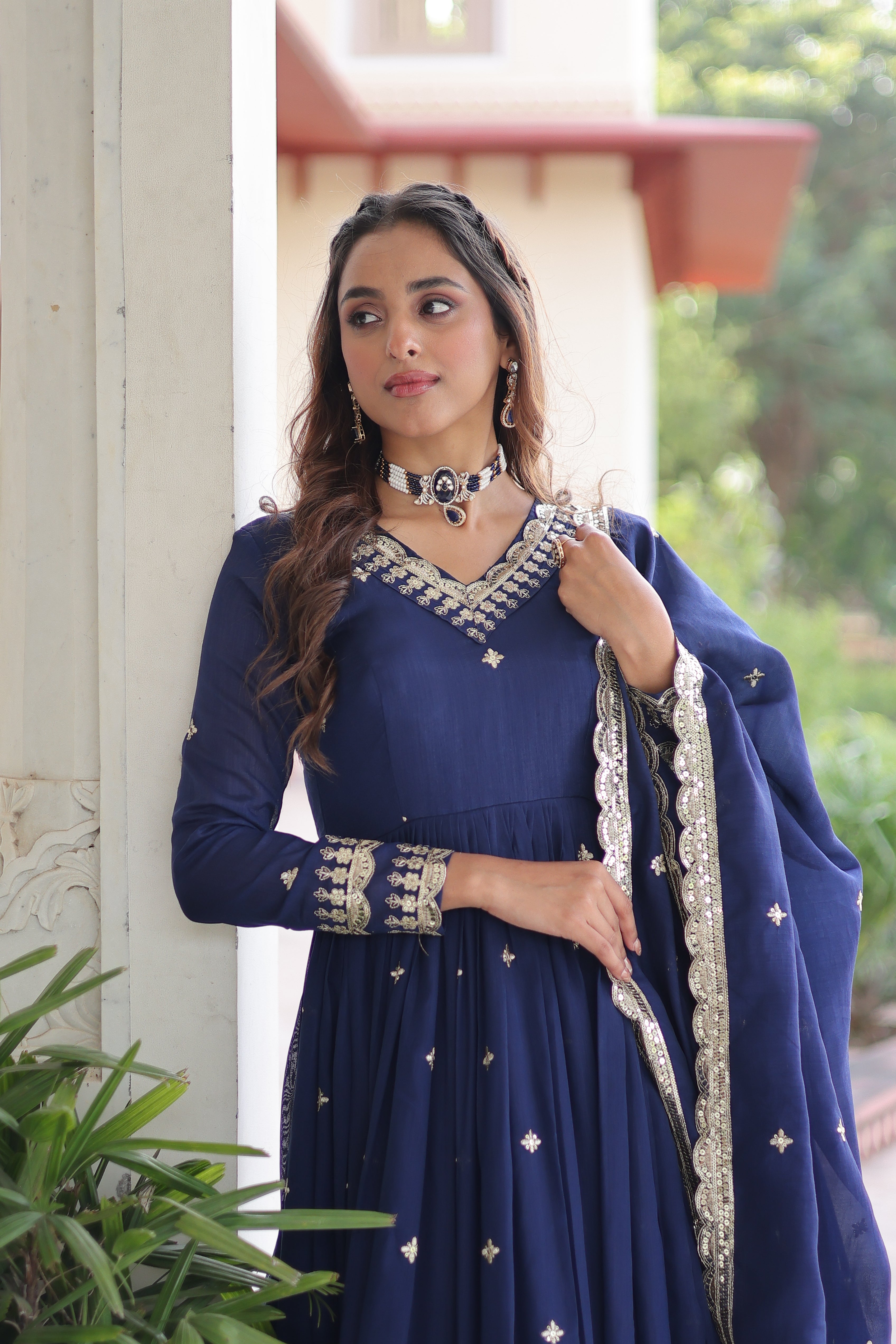 Vichitra Silk Embroidered Gown With Dupatta