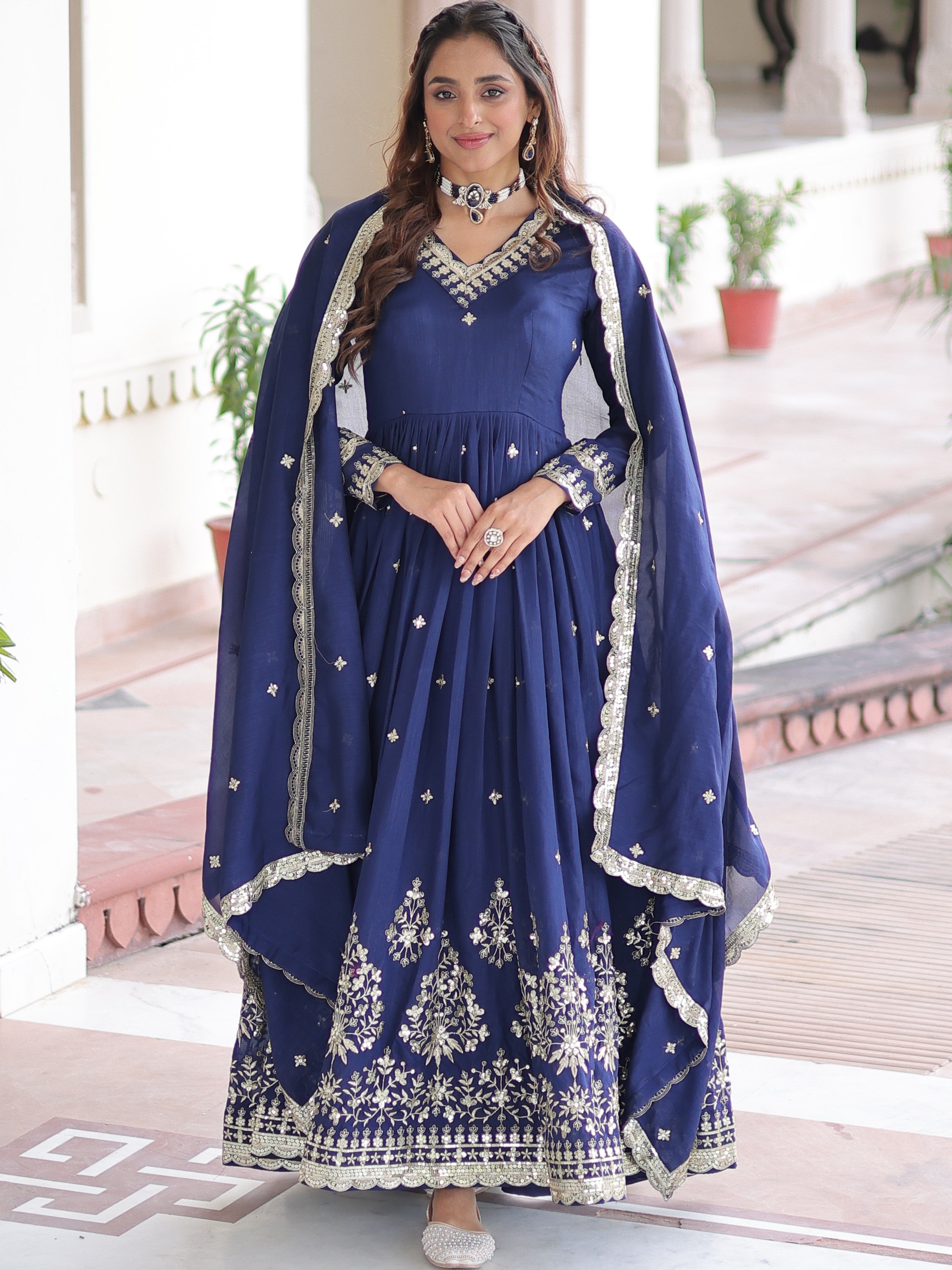 Vichitra Silk Embroidered Gown With Dupatta