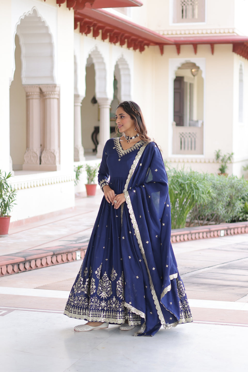 Vichitra Silk Embroidered Gown With Dupatta