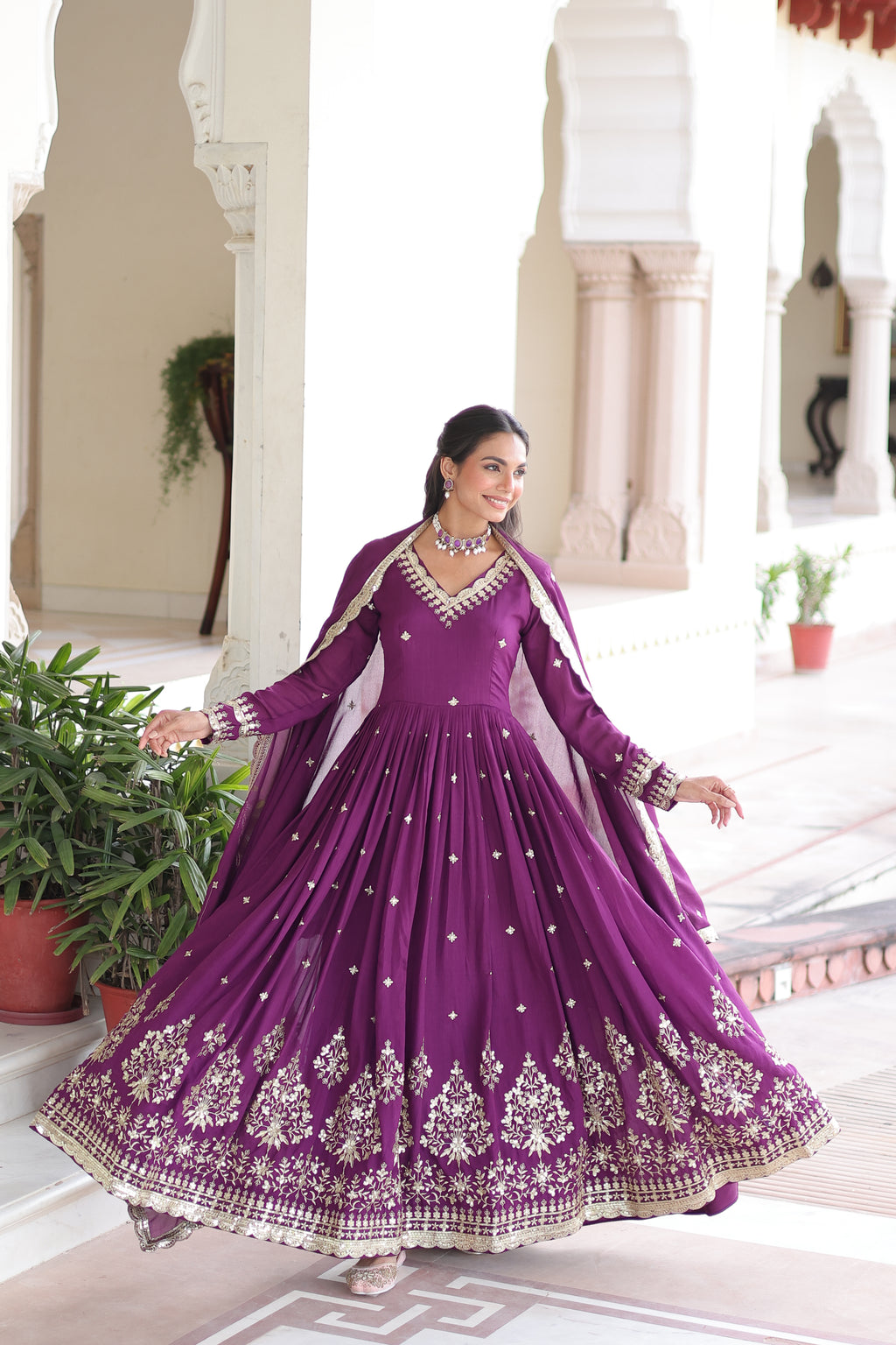 Vichitra Silk Embroidered Gown With Dupatta