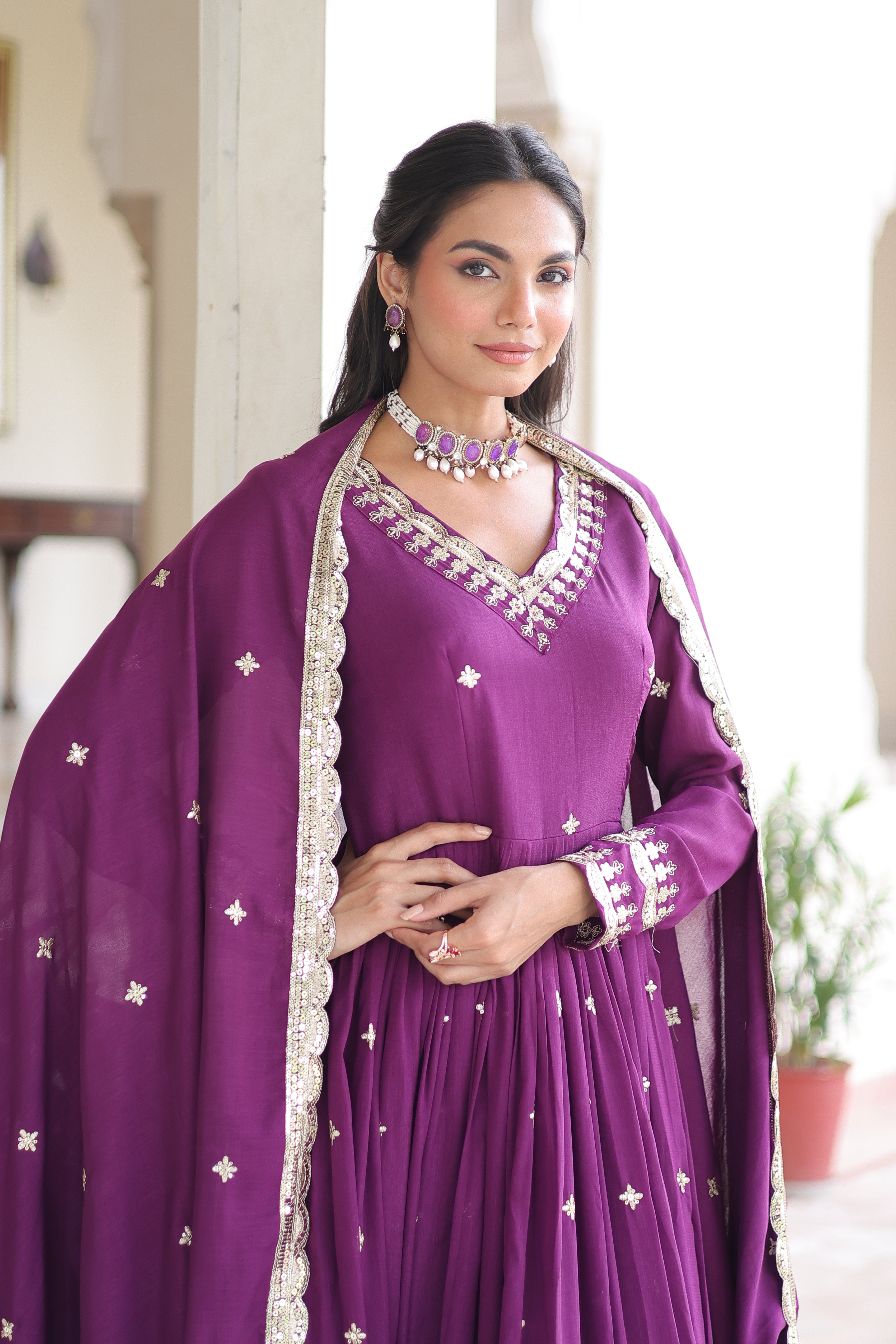 Vichitra Silk Embroidered Gown With Dupatta