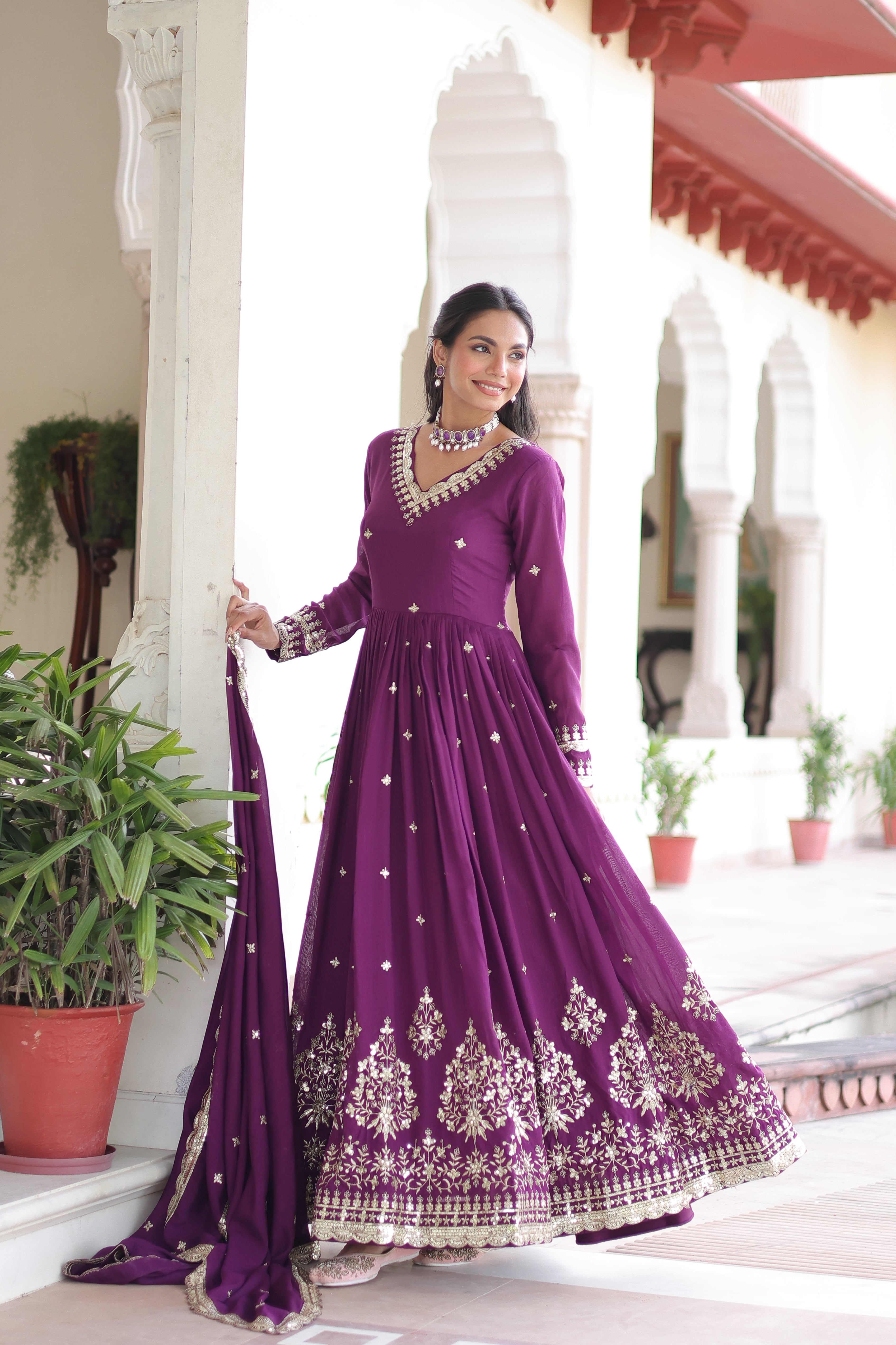 Vichitra Silk Embroidered Gown With Dupatta