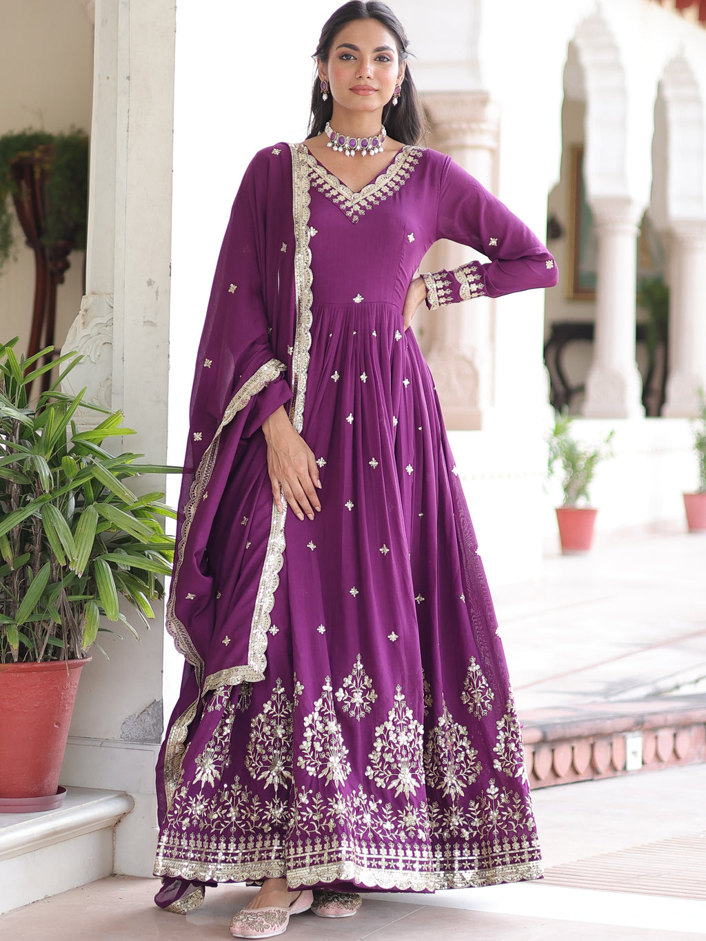 Vichitra Silk Embroidered Gown With Dupatta