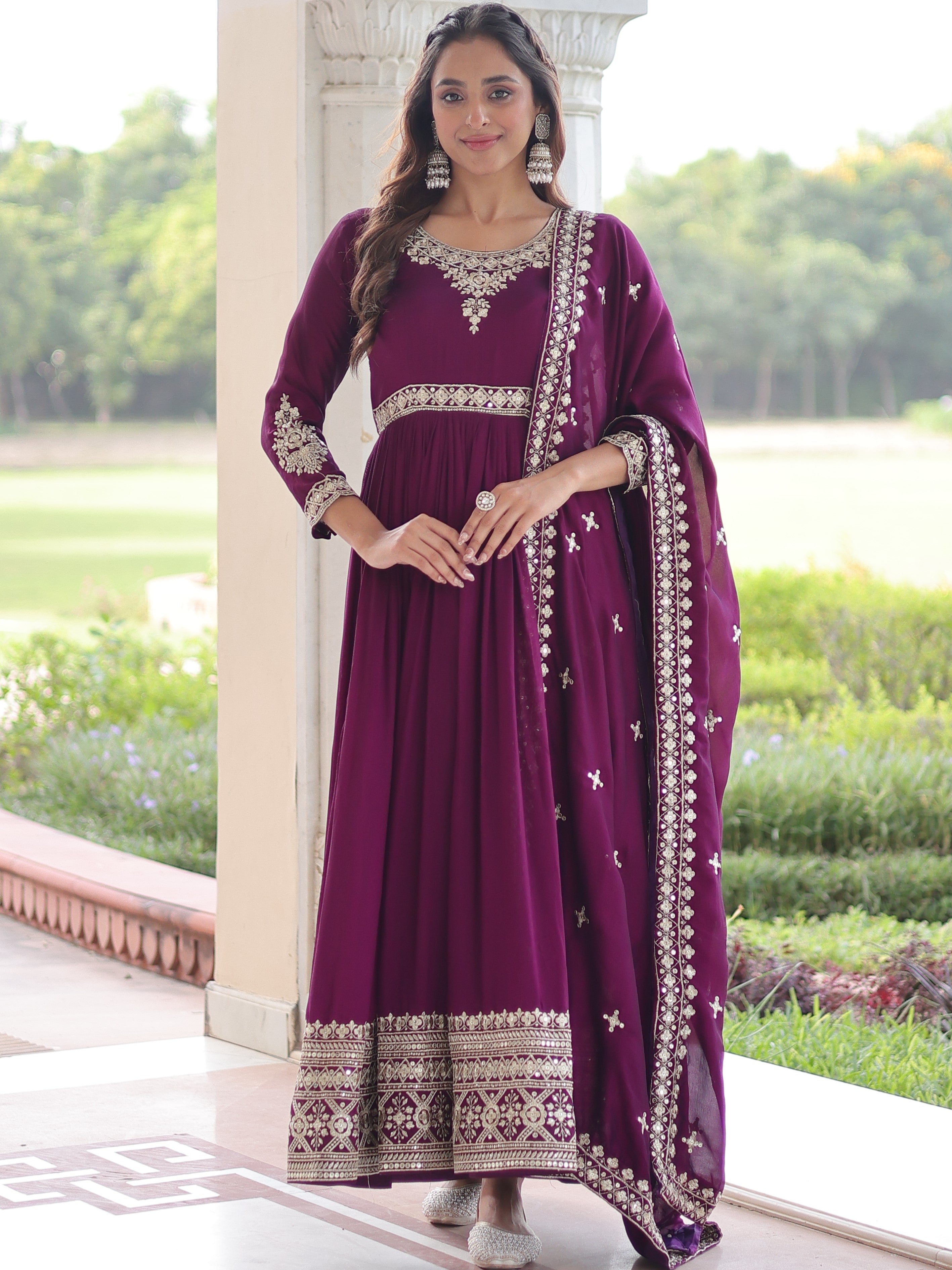 Vichitra Silk Embroidered Gown With Dupatta