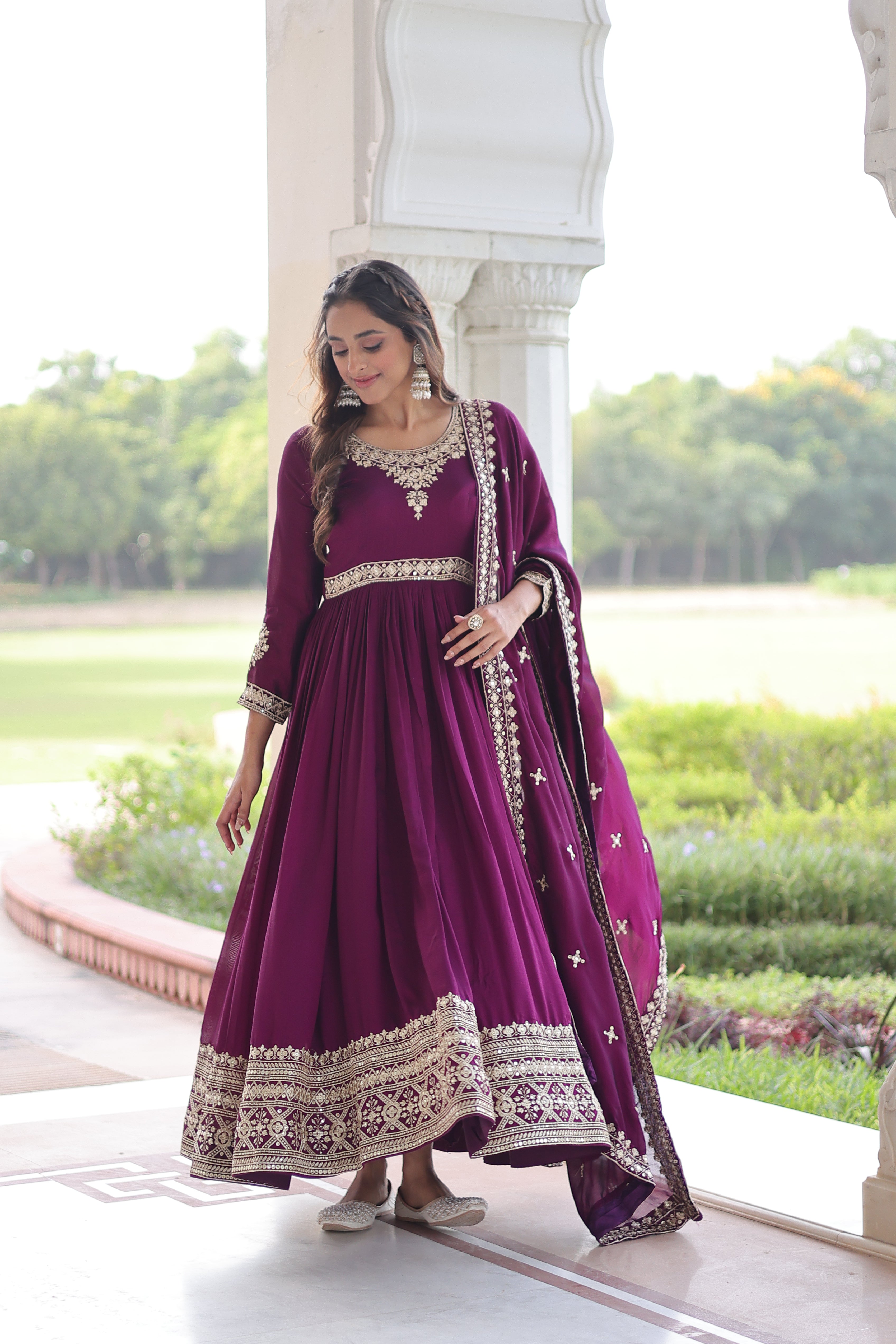 Vichitra Silk Embroidered Gown With Dupatta
