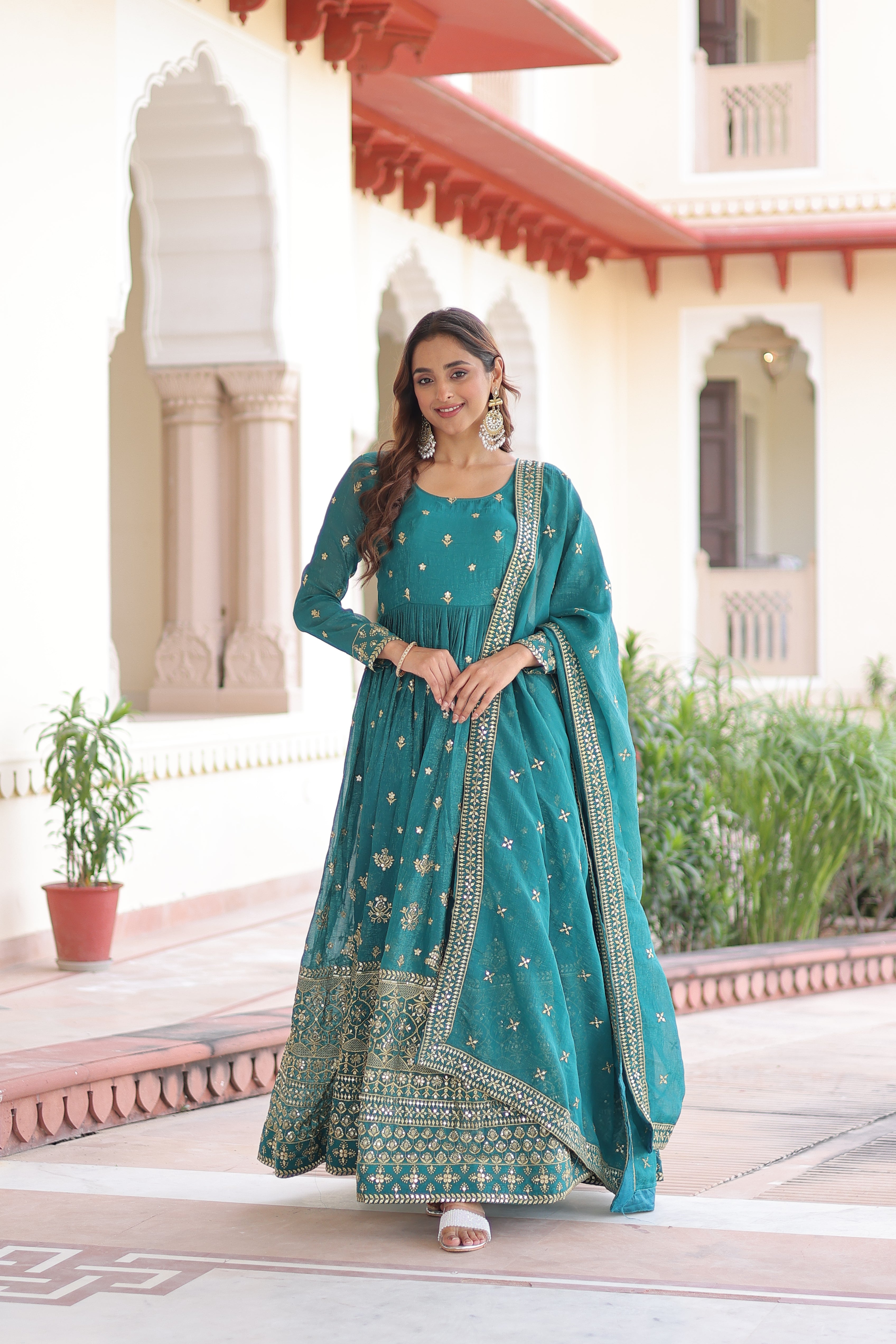 Silver Crunchy Embroidered Gown With Dupatta