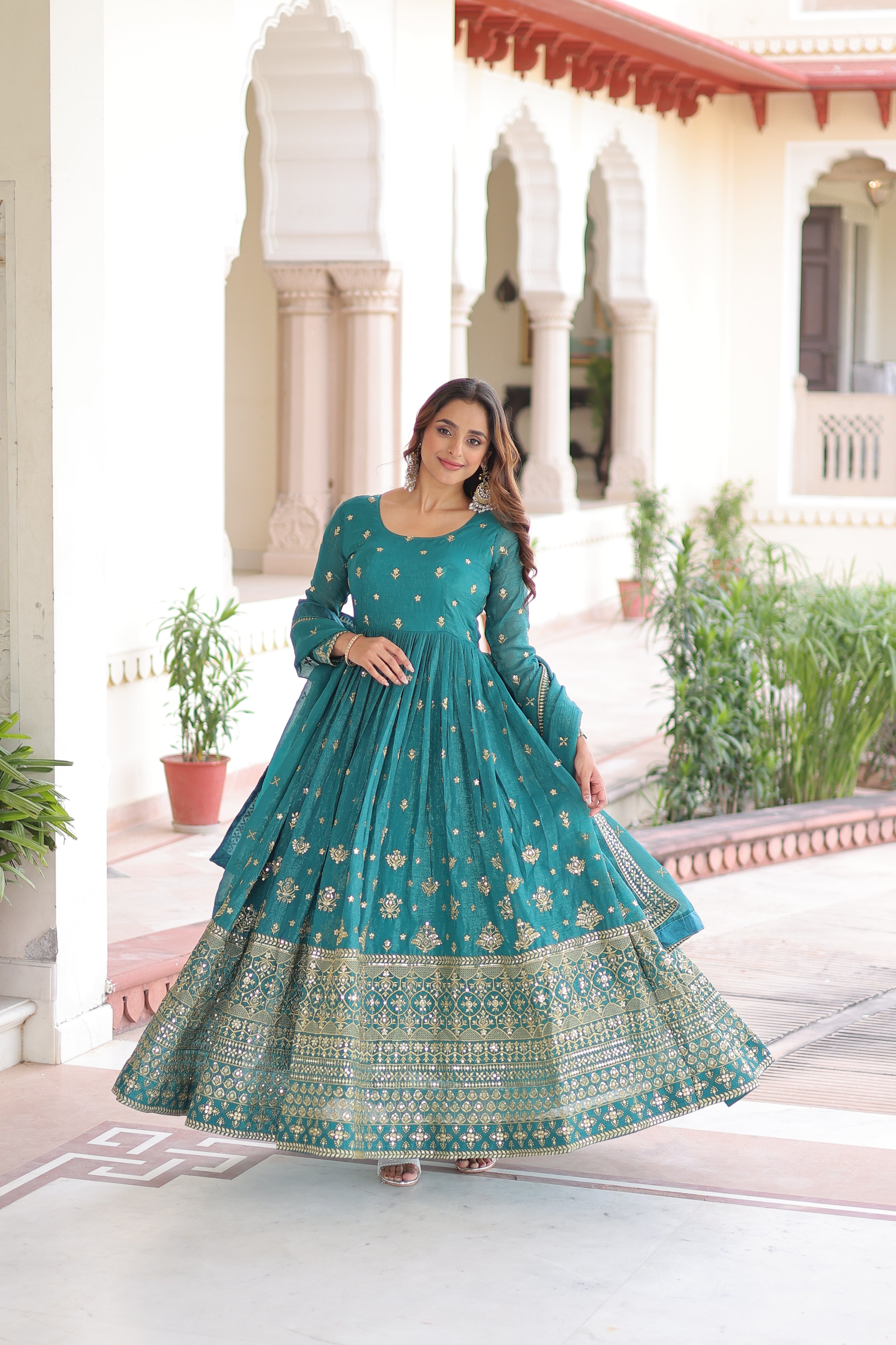 Silver Crunchy Embroidered Gown With Dupatta