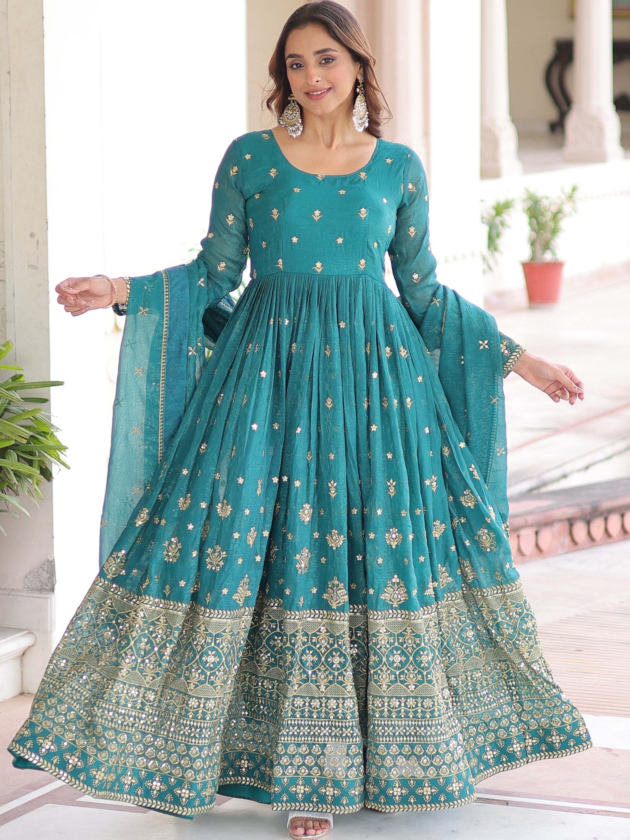 Silver Crunchy Embroidered Gown With Dupatta