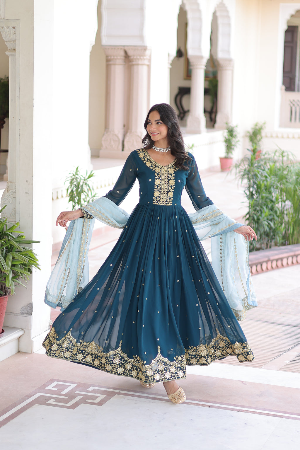 Faux Georgette Embroidered Gown With Dupatta