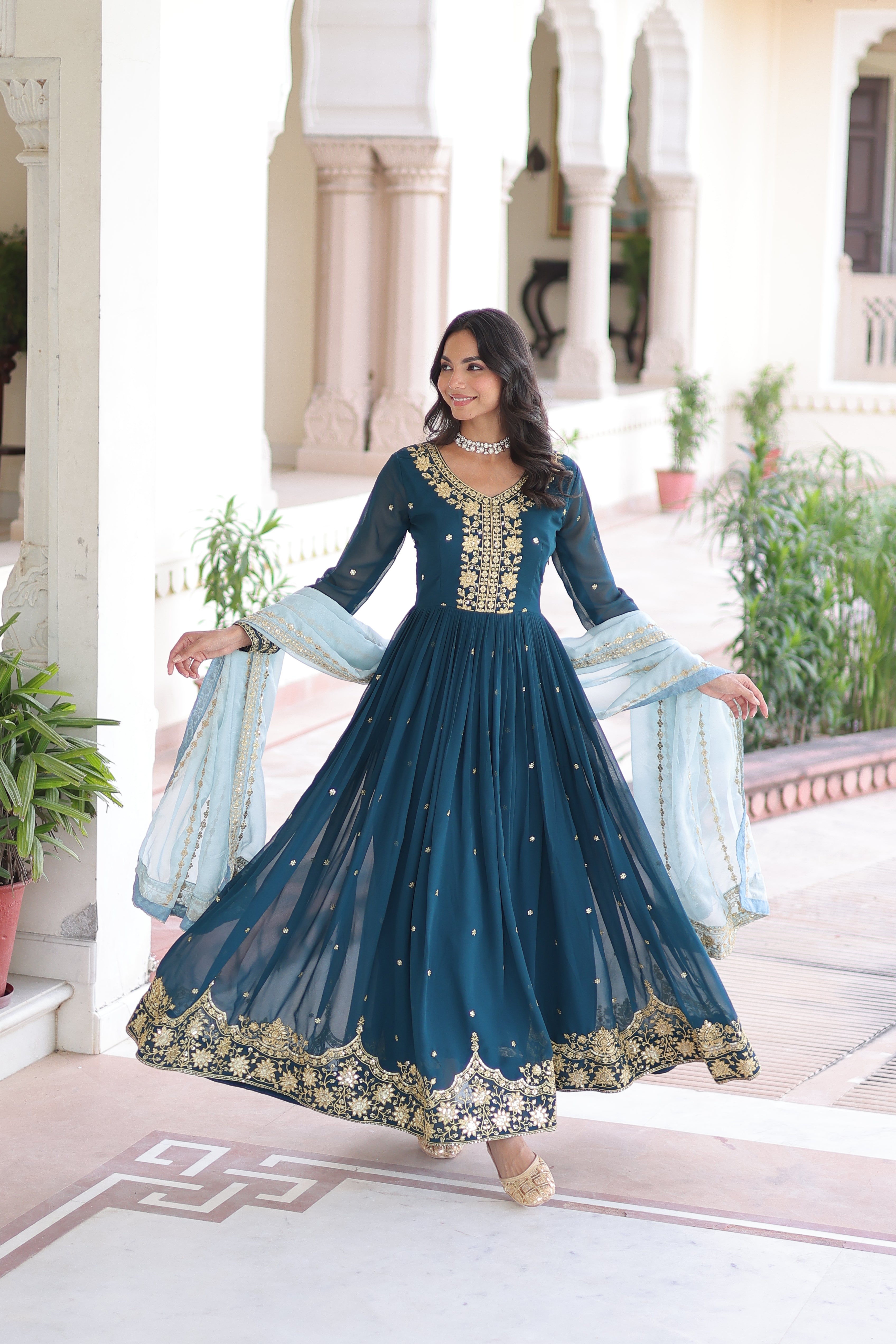 Faux Georgette Embroidered Gown With Dupatta