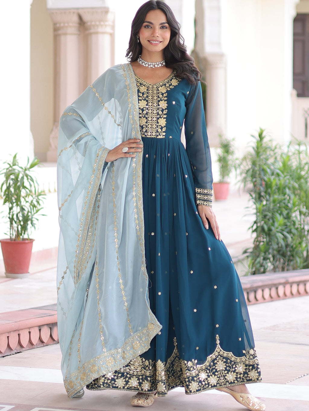 Faux Georgette Embroidered Gown With Dupatta