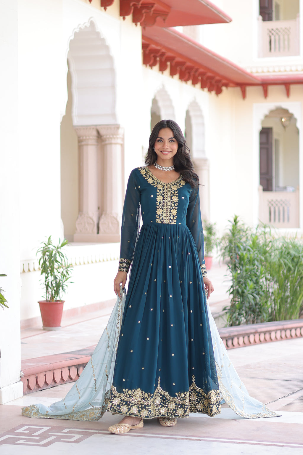 Faux Georgette Embroidered Gown With Dupatta