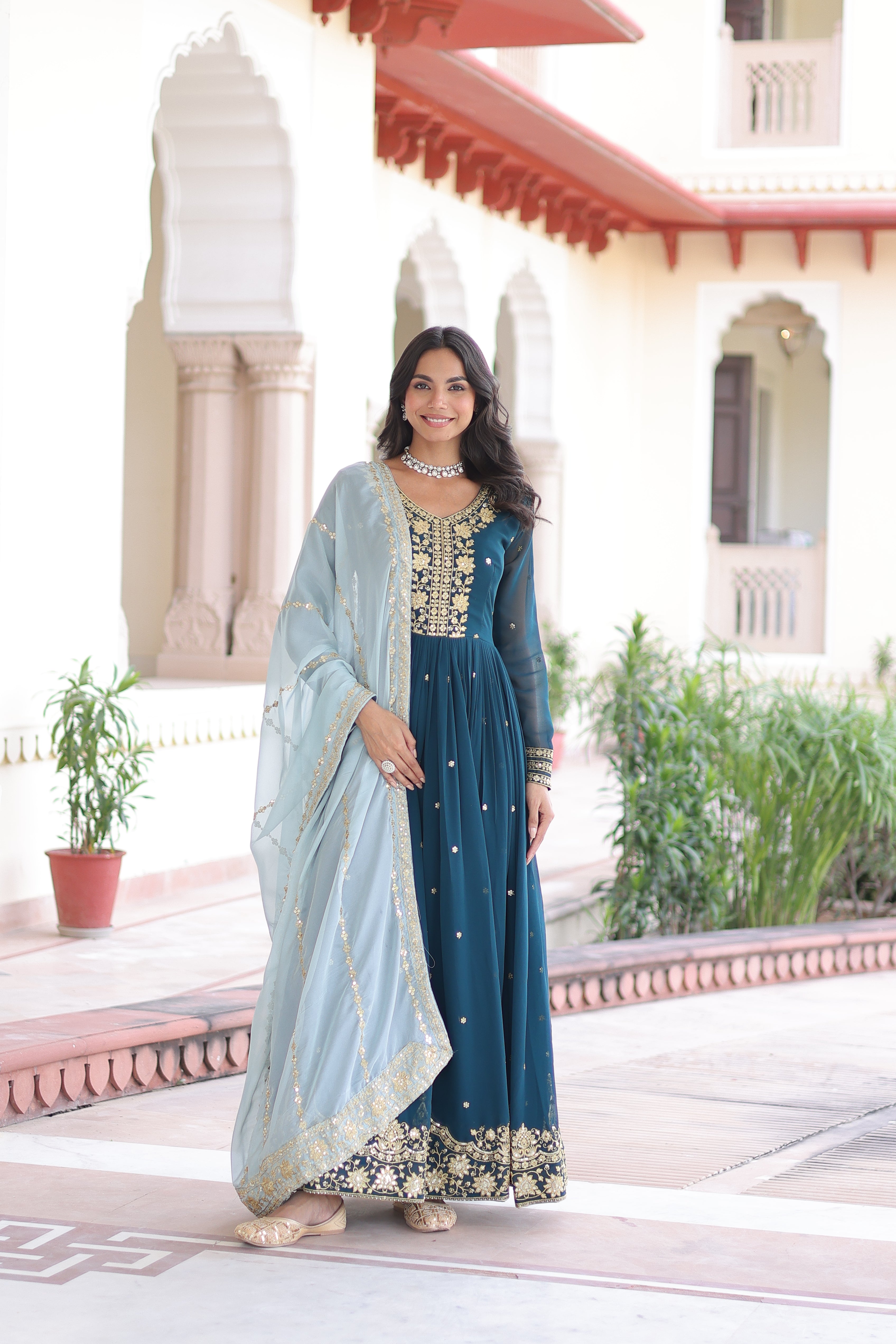Faux Georgette Embroidered Gown With Dupatta