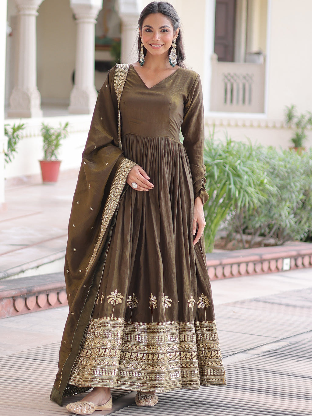 Vichitra Silk Embroidered Gown With Dupatta
