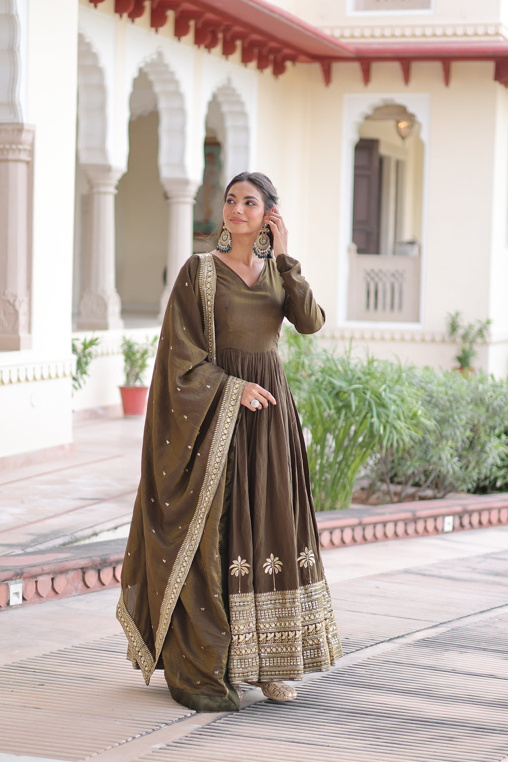 Vichitra Silk Embroidered Gown With Dupatta