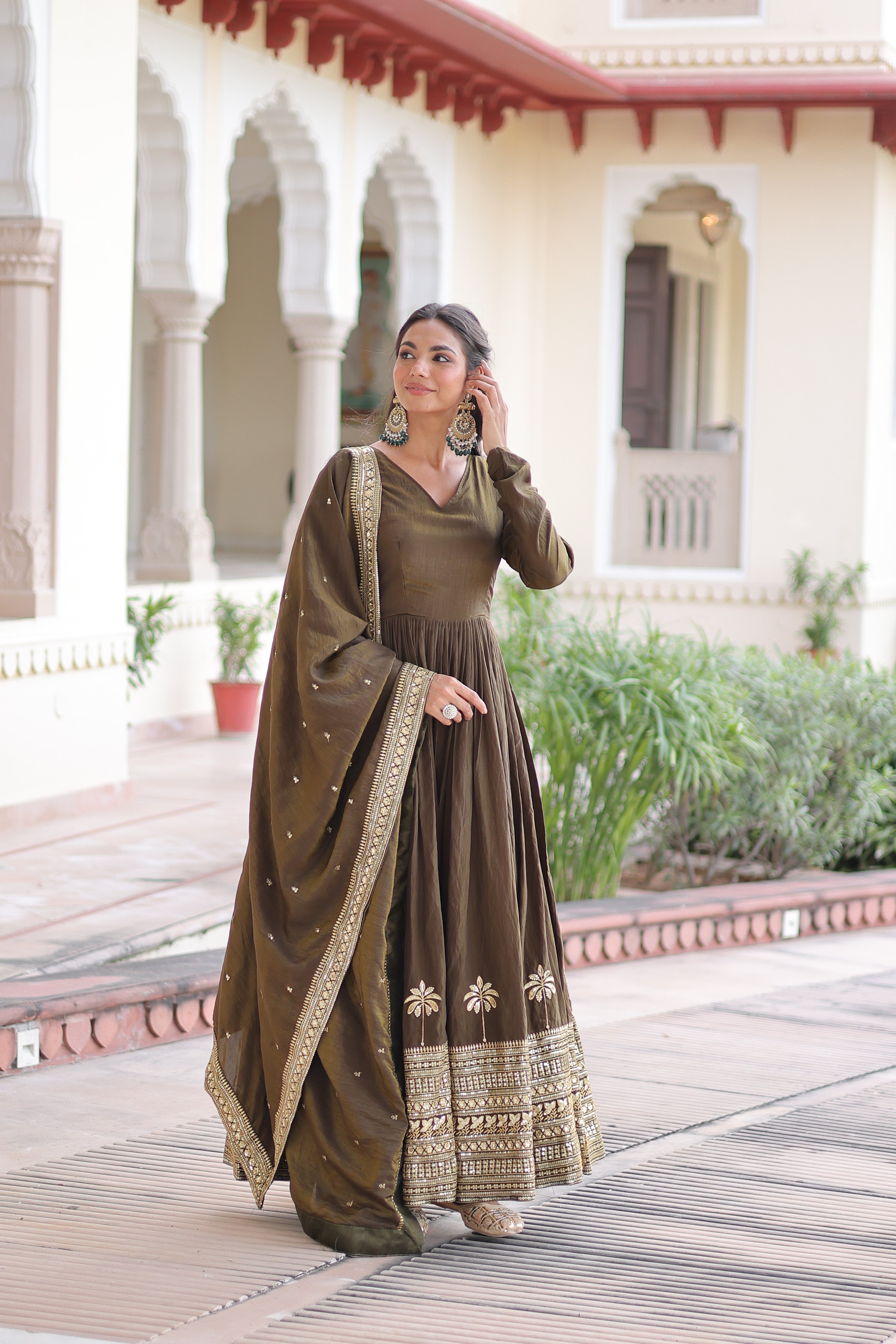 Vichitra Silk Embroidered Gown With Dupatta