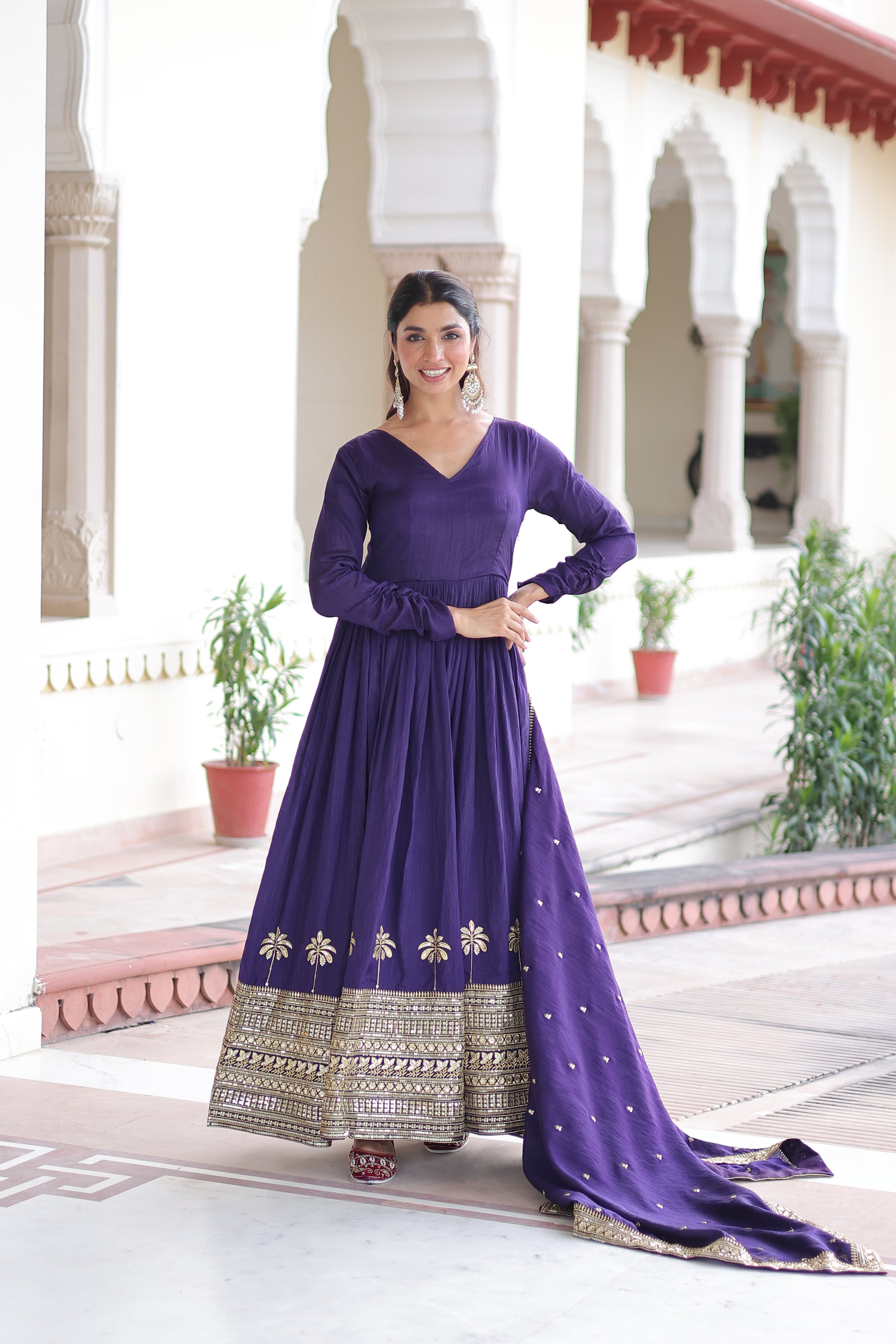 Vichitra Silk Embroidered Gown With Dupatta