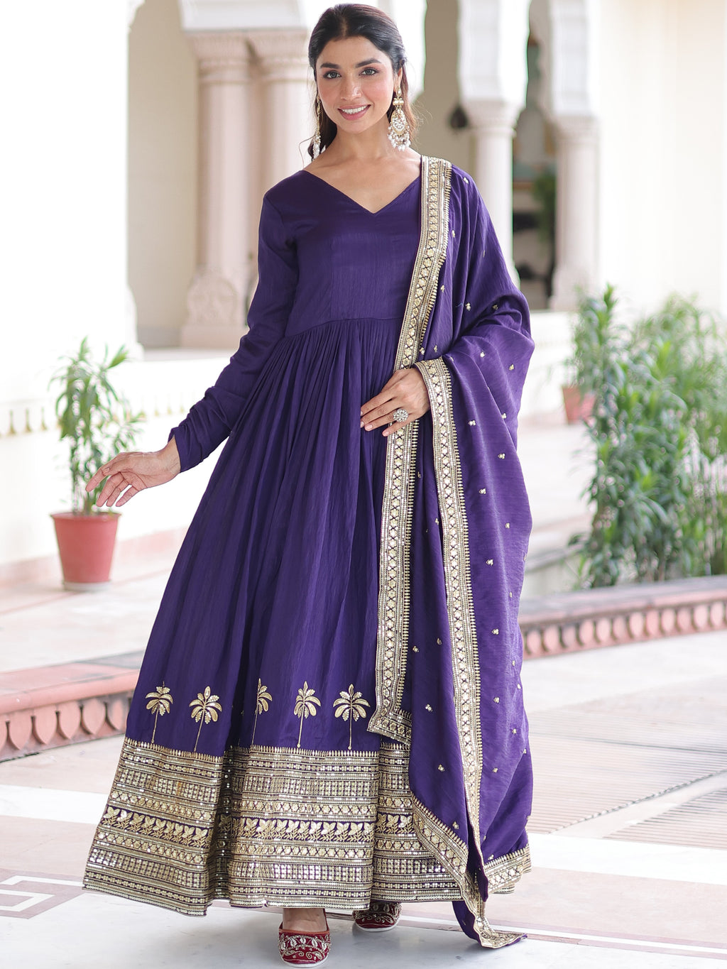 Vichitra Silk Embroidered Gown With Dupatta