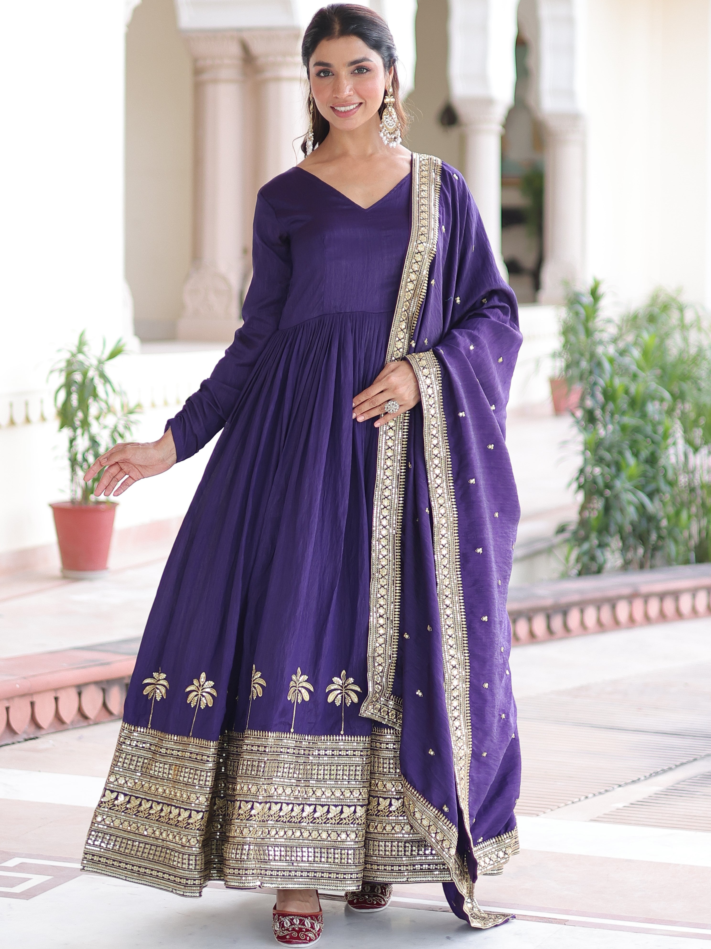 Vichitra Silk Embroidered Gown With Dupatta