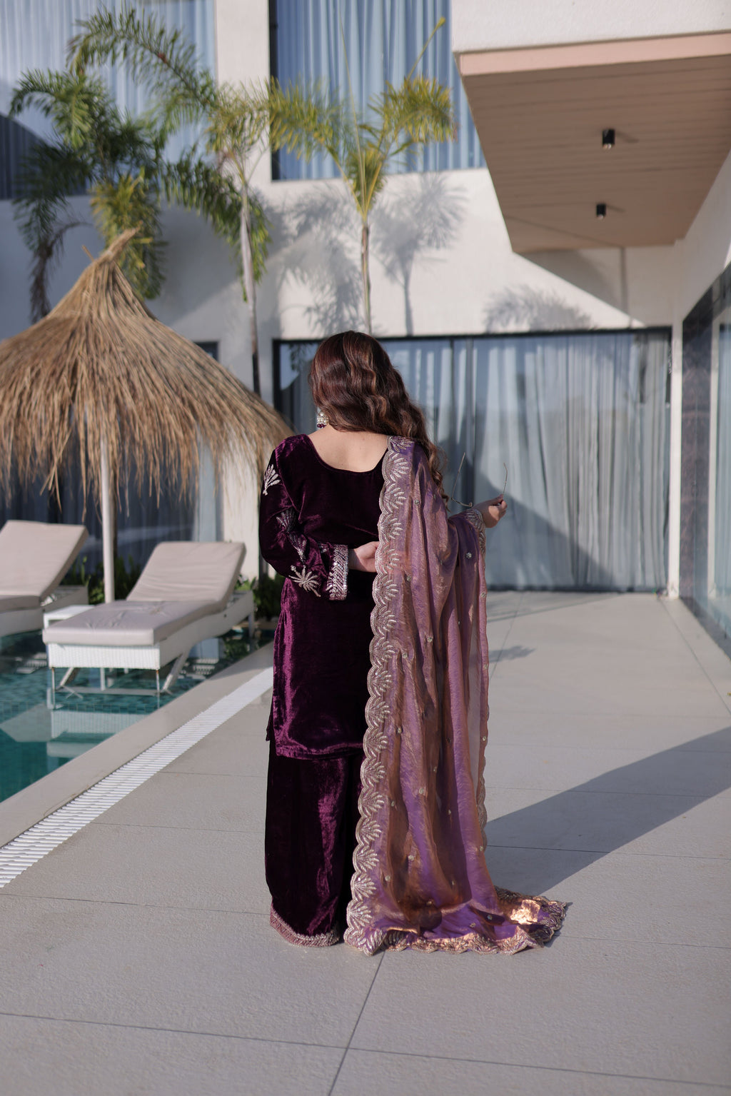 Velvet Embroidered Kurti Palazzo With Fendi Dupatta