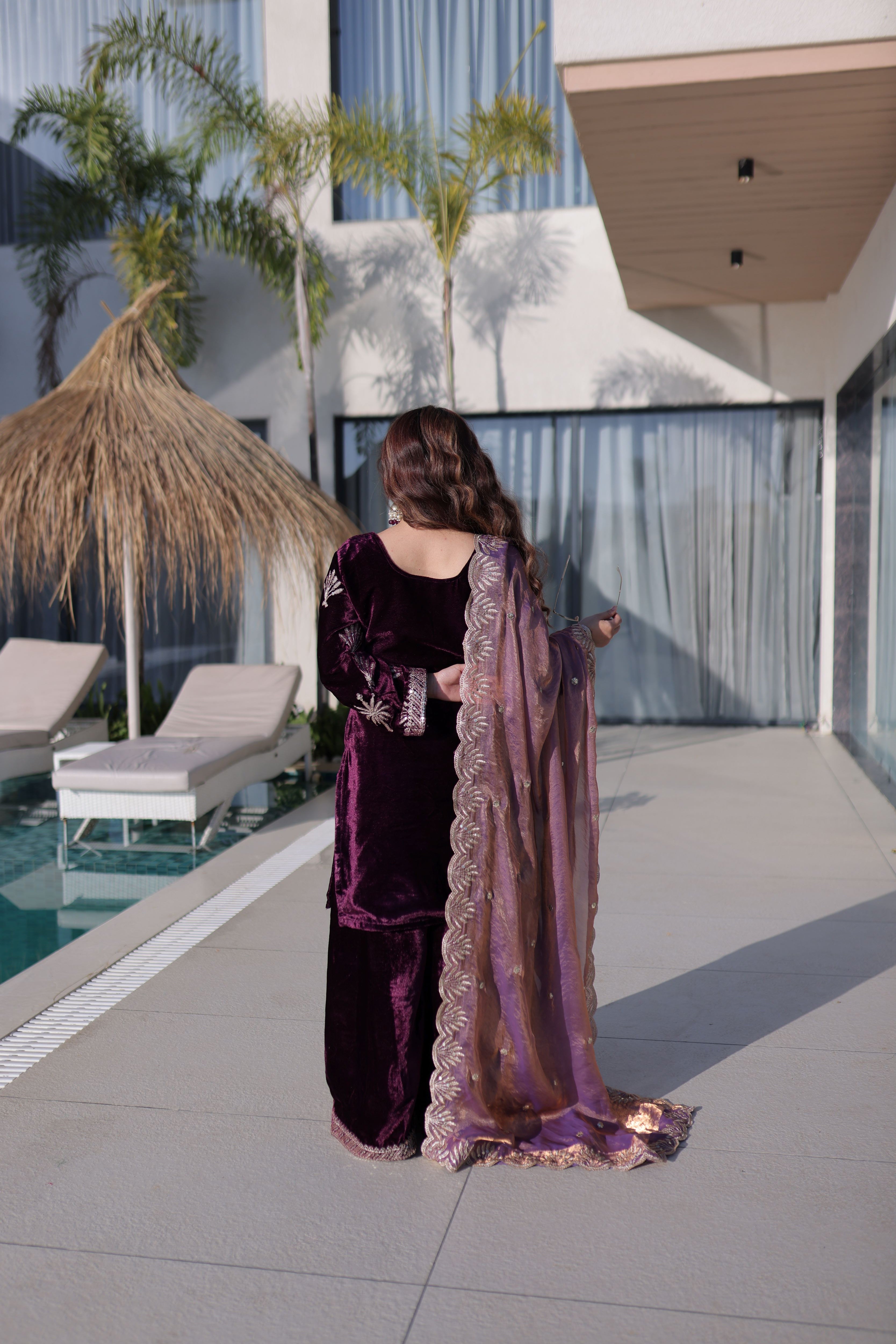 Velvet Embroidered Kurti Palazzo With Fendi Dupatta