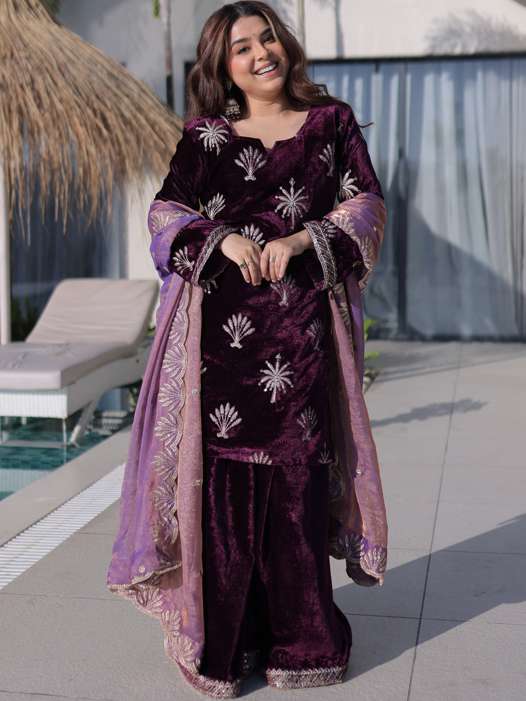 Velvet Embroidered Kurti Palazzo With Fendi Dupatta