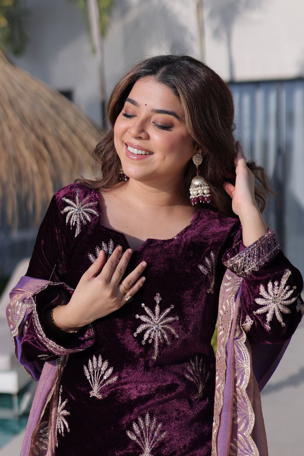 Velvet Embroidered Kurti Palazzo With Fendi Dupatta