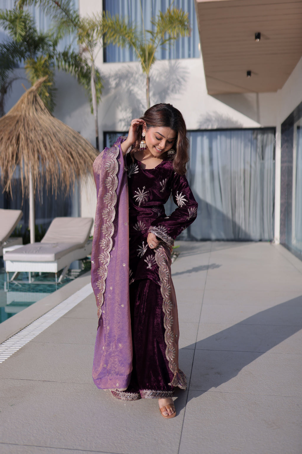 Velvet Embroidered Kurti Palazzo With Fendi Dupatta