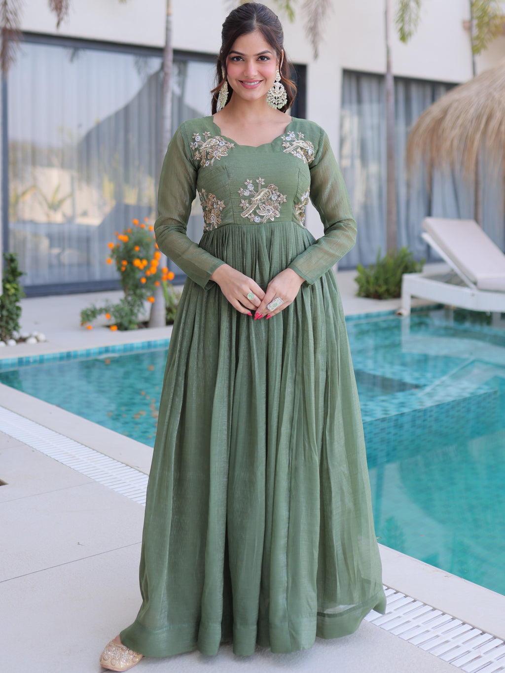 Silver Crunchy Beads Embroidered Gown