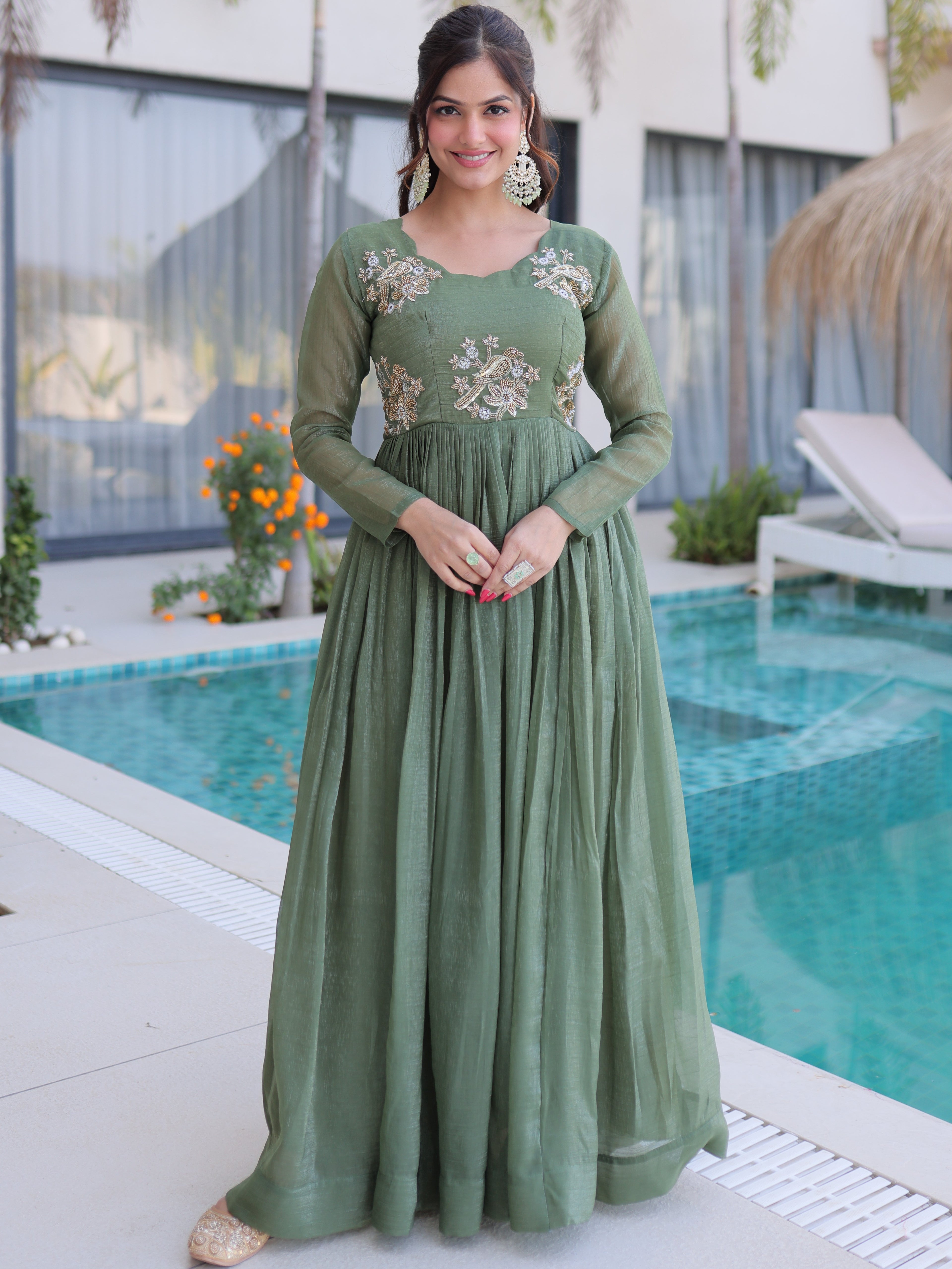 Silver Crunchy Beads Embroidered Gown