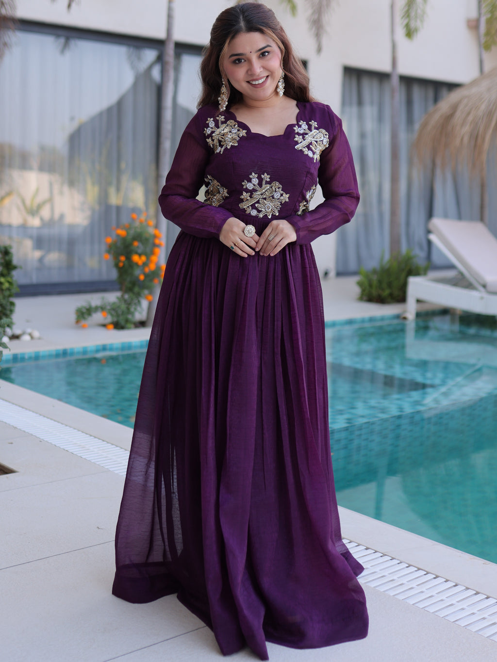 Silver Crunchy Beads Embroidered Gown