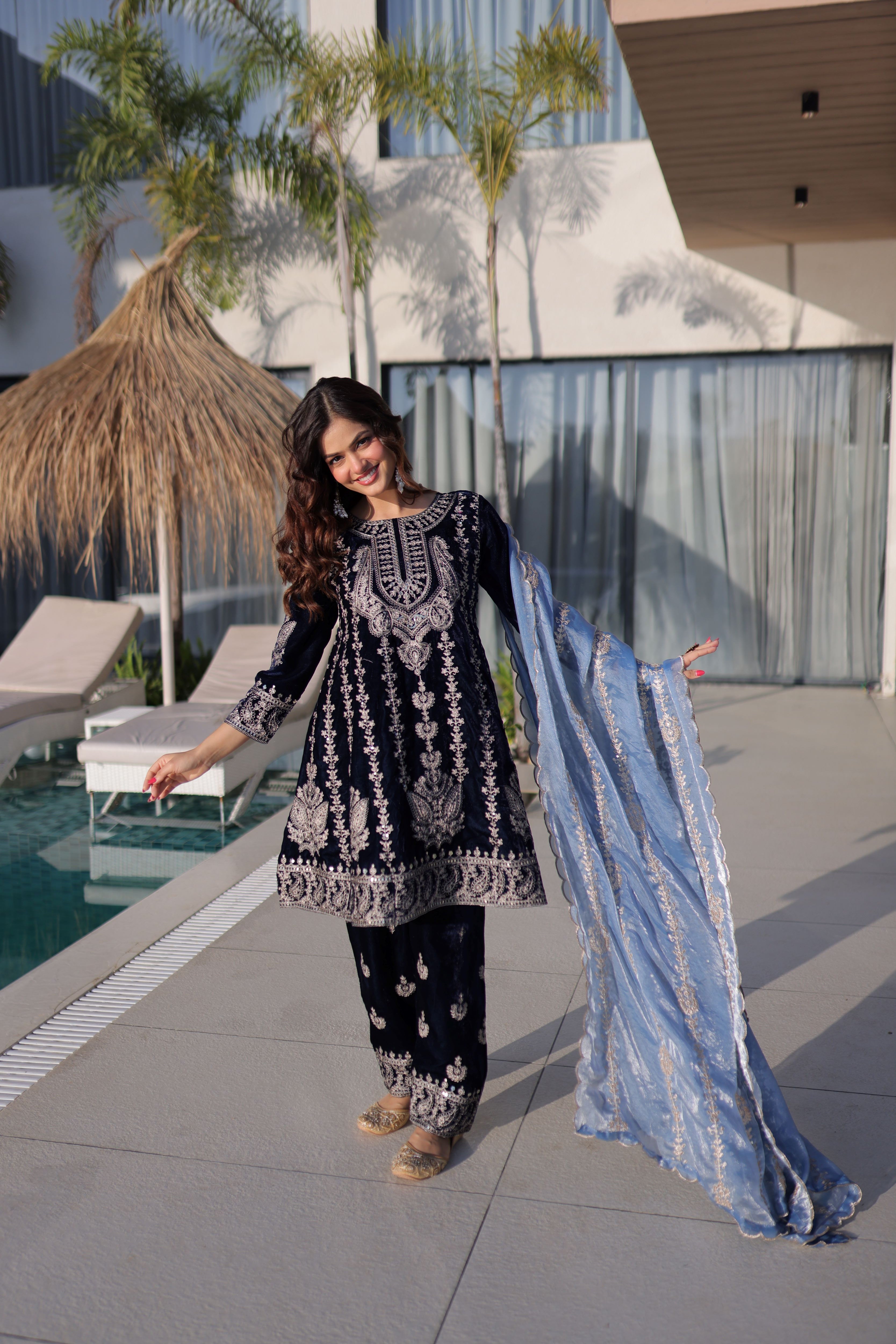 Velvet Zari Embroidered Kurti-Pant With Fendi Dupatta